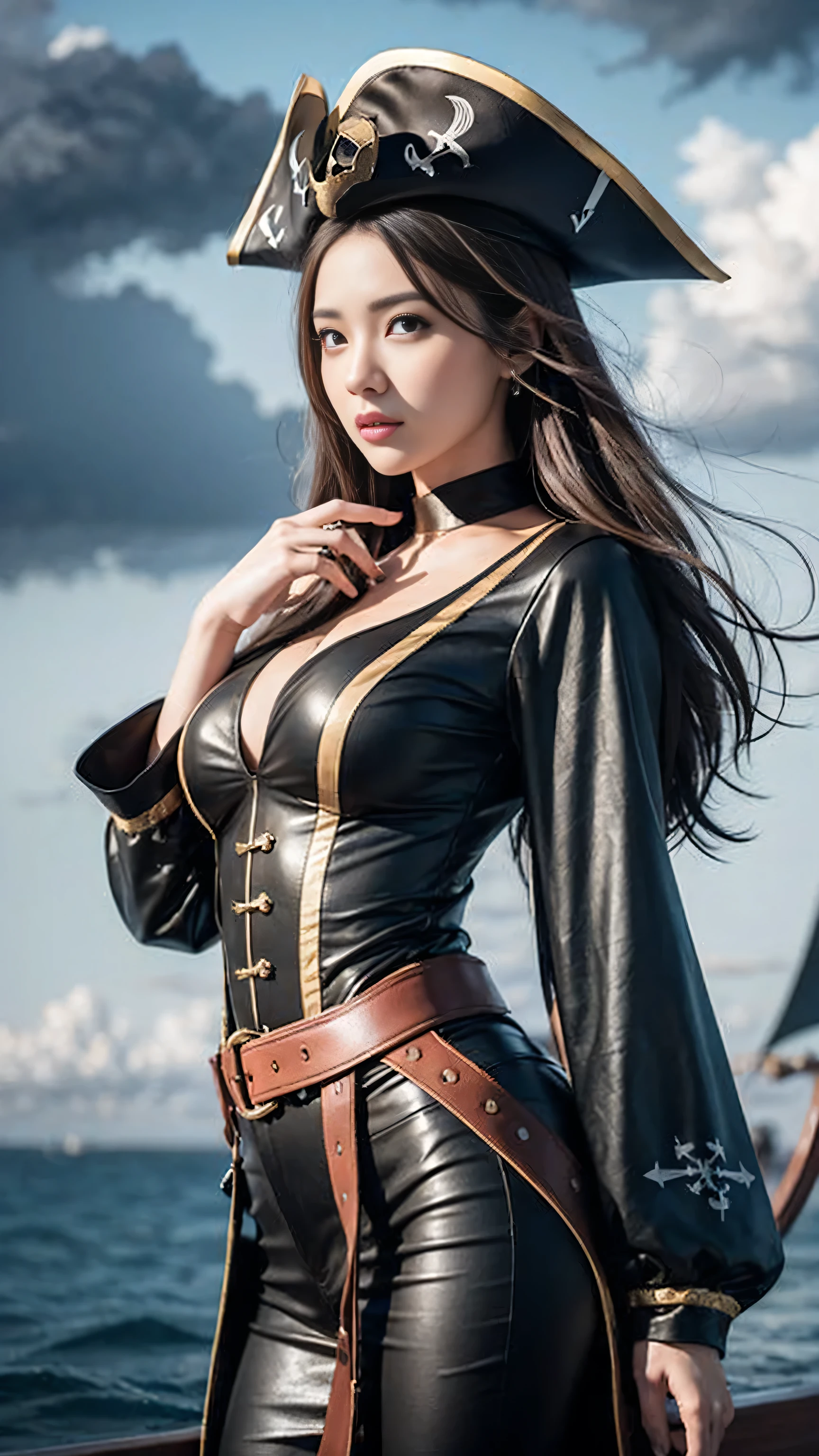 A beautiful woman wearing pirate costume , in pirate ship, black clouds in the sky, super detailed look, perfect body shape and hands, beautiful big eyes, standing, front view, cinematic lightening