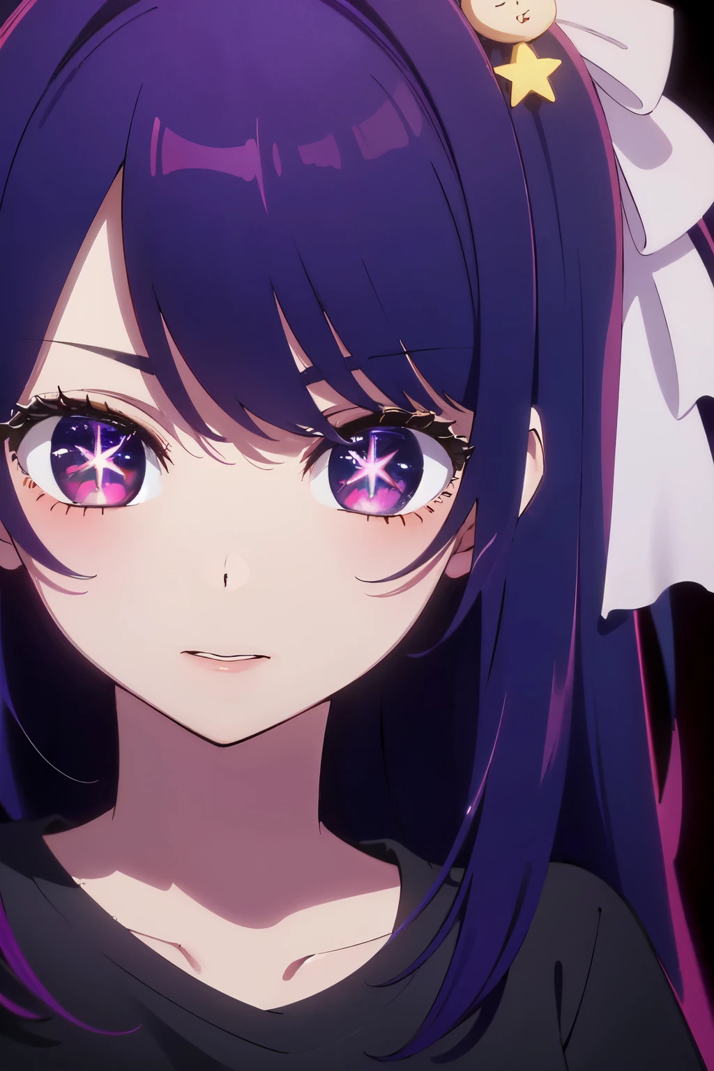 ((best quality)), ((masterpiece)), (detailed), perfect face. Asian girl. Purple hair. Purple eyes. Star eyes. T-shirt.
