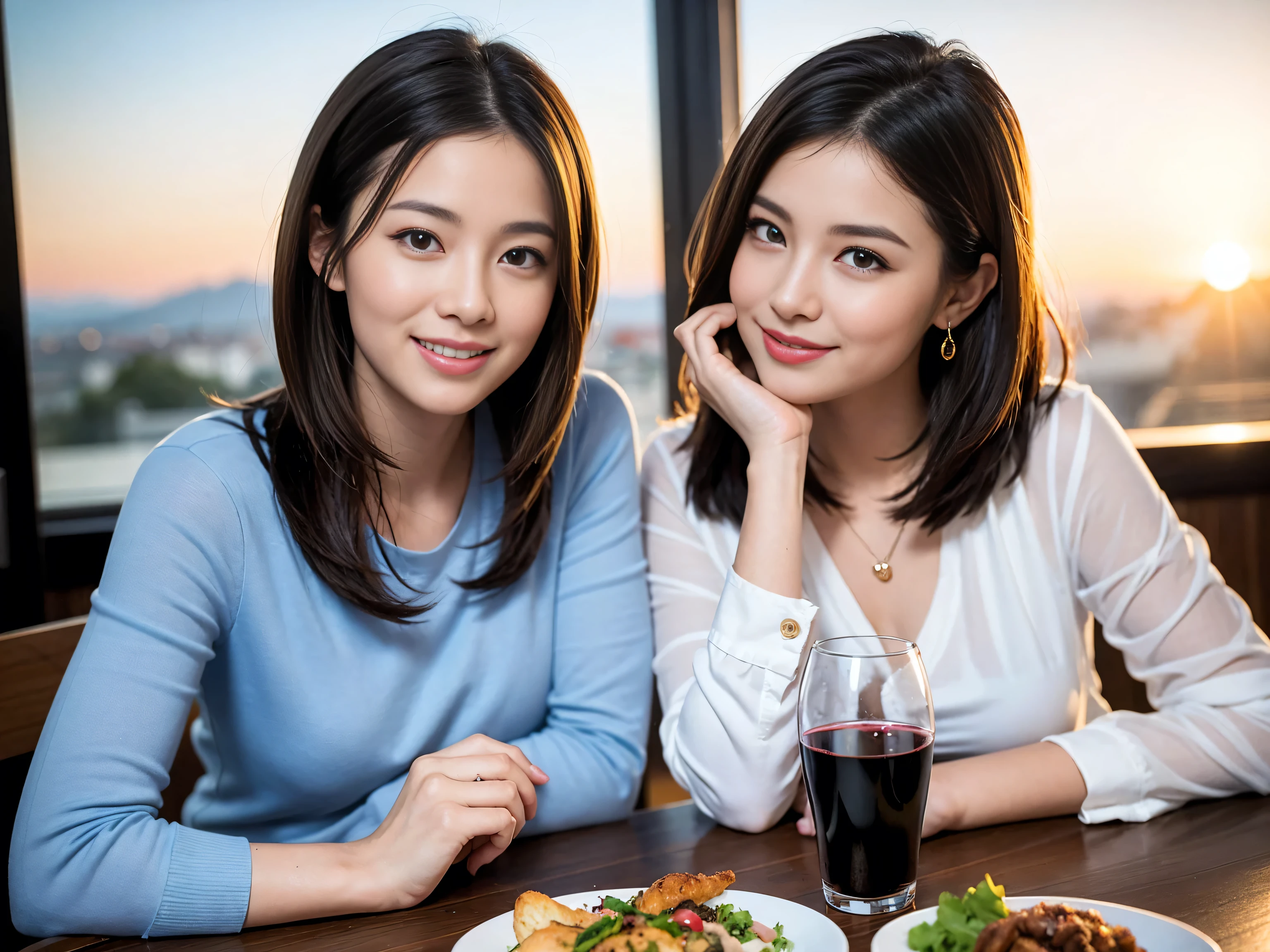 ((highest quality、8k、masterpiece:1.3))、1 male、1 female、Satomi Ishihara lookalike couple、Spouse、Brown Hair Couple、The body is slim、((Bob Hale、Straight hair:1.2)), (Realistic, Intricate details:1.2), Wine glass on the table、Put the light on your face、 Amazing view of the sunset sky and clouds、Amazing mountain views、A bright smile、The wonderfulness of smile、Bright image、The beauty of wine, Beautiful Face, blue eyes, The light shines on your face, Blushing, short hair,Bright Face、 (41 years old), 39 years old, red wine 、Appetizers、Italian food、Wine bottle、Champagne、sparkling wine、Two beauties、Brown Hair、Shortcuts、Long sleeve shirt、dress、Pretty Woman 1, (Slim face), (The body is slim), (Brown Hair), (Shortcuts), cheeks turn a little red,Attractive beauty、restaurant, In a prominent place (From the waist up) Nova Frog Style, actress, model, Upper Body, White wine, slim, wine glass, A wine glass placed in the center, smile, (smile: 1.15), Beautiful fine grain, Depth f/2,saturation, High Contrast, Strong light and shadow,Moist Body:1.5、3D texture、Delicate eyes、Brown Hair、The hair is very shiny、