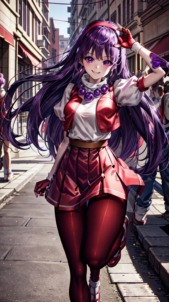 (masterpiece), (best quality), (ultra-detailed), intricate detail, athena97, 1Women, solo, purple eyes, purple hair, long hair, white earrings, red hairband, star hair ornament, medium breats, red vest, white turtleneck, white puffy sleeves, short sleeves, red pleated skirt, (deep red pantyhose:1.2), black pantyhose, yellow belt, purple sphere shape necklace, red fingerless gloves, white short socks, red shoes,   (outdoors), photography, smile, blush, sunny, nsfw, cowboy shot, blurry background, street background,