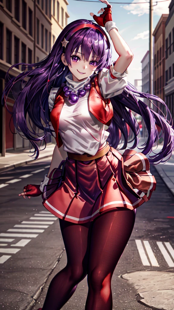 (masterpiece), (best quality), (ultra-detailed), intricate detail, athena97, 1Women, solo, purple eyes, purple hair, long hair, white earrings, red hairband, star hair ornament, medium breats, red vest, white turtleneck, white puffy sleeves, short sleeves, red pleated skirt, (deep red pantyhose:1.2), black pantyhose, yellow belt, purple sphere shape necklace, red fingerless gloves, white short socks, red shoes, (outdoors), photography, smile, blush, sunny, nsfw, cowboy shot, blurry background, street background,
