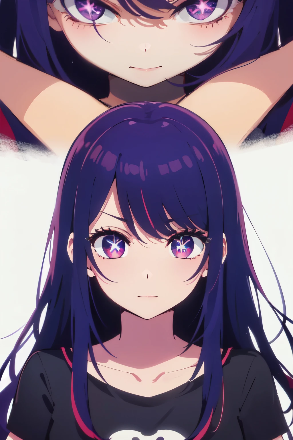 ((best quality)), ((masterpiece)), (detailed), perfect face. Asian girl. Purple hair. Purple eyes. Star eyes. T-shirt.