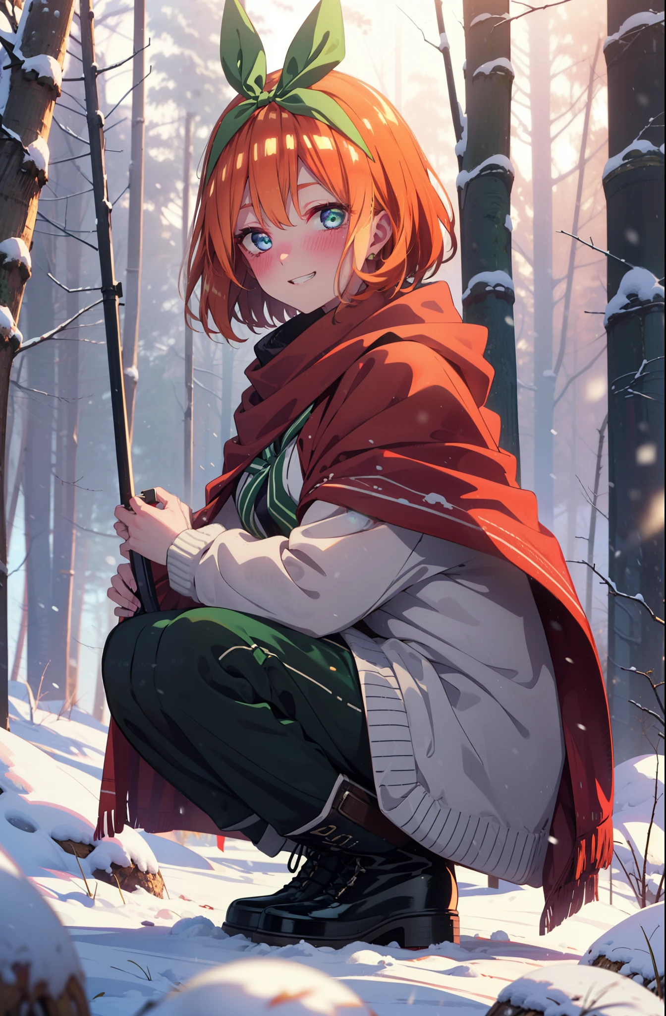 yotsubanakano, yotsuba nakano, bangs, short hair, blue eyes, Hair between the eyes, Hair Ribbon, hair band, Orange Hair, (Green ribbon:1.5), smile, Grin,smile,blush,White Breath,
Open your mouth,snow,Ground bonfire, Outdoor, boots, snowing, From the side, wood, suitcase, Cape, Blurred, Increase your meals, forest, White handbag, nature,  Squat, Mouth closed, フードed Cape, winter, Written boundary depth, Black shoes, red Cape break looking at viewer, Upper Body, whole body, break Outdoor, forest, nature, break (masterpiece:1.2), highest quality, High resolution, unity 8k wallpaper, (shape:0.8), (Beautiful and beautiful eyes:1.6), Highly detailed face, Perfect lighting, Highly detailed CG, (Perfect hands, Perfect Anatomy),