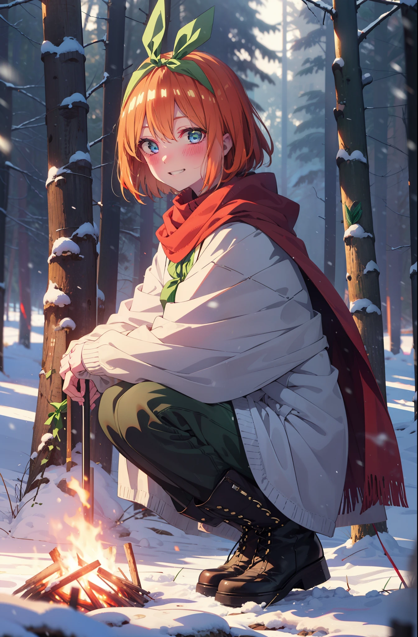 yotsubanakano, yotsuba nakano, bangs, short hair, blue eyes, Hair between the eyes, Hair Ribbon, hair band, Orange Hair, (Green ribbon:1.5), smile, Grin,smile,blush,White Breath,
Open your mouth,snow,Ground bonfire, Outdoor, boots, snowing, From the side, wood, suitcase, Cape, Blurred, Increase your meals, forest, White handbag, nature,  Squat, Mouth closed, フードed Cape, winter, Written boundary depth, Black shoes, red Cape break looking at viewer, Upper Body, whole body, break Outdoor, forest, nature, break (masterpiece:1.2), highest quality, High resolution, unity 8k wallpaper, (shape:0.8), (Beautiful and beautiful eyes:1.6), Highly detailed face, Perfect lighting, Highly detailed CG, (Perfect hands, Perfect ???????),