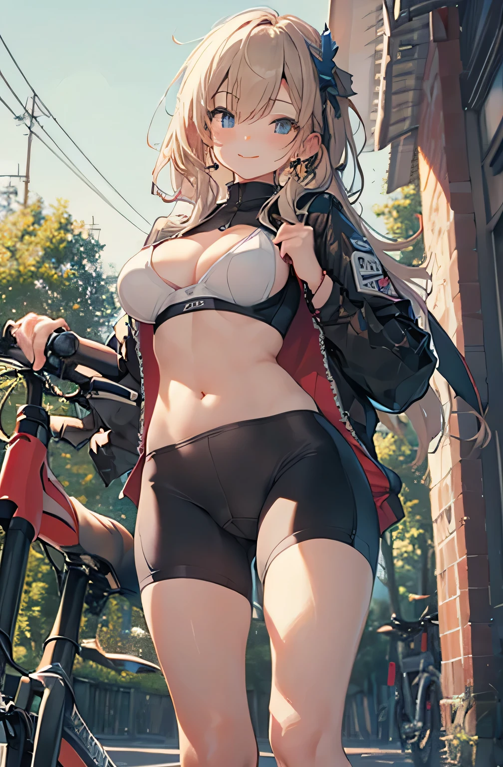 (((Perfect picture))), One girl, alone, , Azusa Nakano, , Jacket, View Viewer, Smile Big Breasts, SFW with her chest covered, Big ample breasts!, SFW Big, Beautiful and seductive anime woman, Big ample breasts!!, Adopting breast proportions, highest quality, Official Art, Browsing Caution, Best Anatomy,
(Bike Shorts,:1.5)、From below