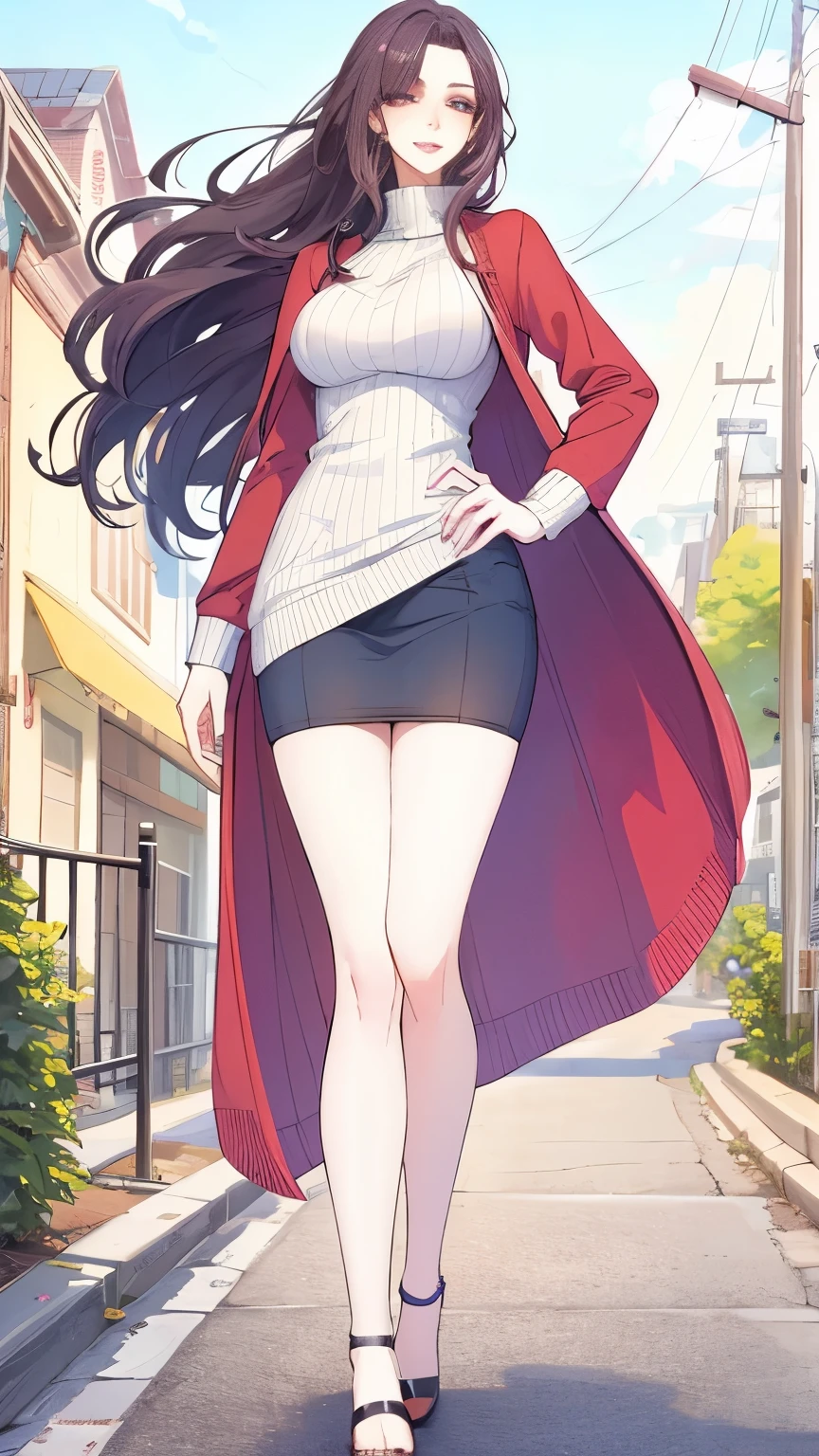 (masterpiece, best quality:1.2), 1girl, solo,mature_lady, delicate face,long hair, sweater,medium breasts,full body, standing, in street,floating hair
