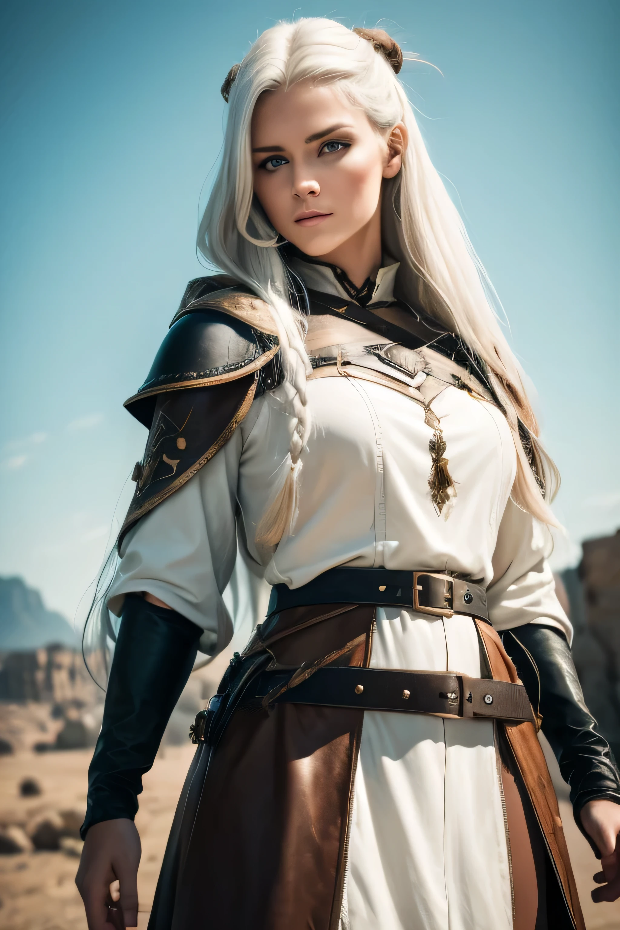 1 female medival ranger, long white hair, wearing leather, 25 years old, absurdres, high res, ultrasharp, 8K, masterpiece, the image should be of absurd resolution and high detail. It should be ultra-sharp and available in 8K resolution, representing a masterpiece in image quality.