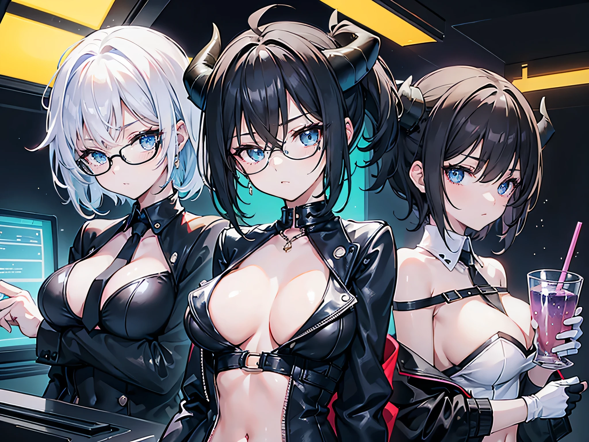 3 women in a games room, gamer room scenario with neon lights, a girl in front of any PC that is a character, flat model, tall, slim and sexy woman, with dark circles, blue eyes, tie, gray and black hair, high boots, long black pants, gloves, short hair, hair up in ponytail, white shirt, fingerless gloves, black jacket,
thigh high stockings, black gloves, full body, medium breasts, bangs, looking at viewer, others sitting behind anything that is a character, flat model, tall slim and sexy woman, glasses, chivi protruding tooth, silly appearance, brown hair , short boots, shorts, gloves, long hair, black shirt, thighs, black gloves, full body, big breasts,
bangs, looking at viewer, another drinking whatever soda a very sexy woman wears a very high heel and fishnet stockings, 1 girl, breasts, solo, thighs, horns, wings, leotard, high leg, high heels, thigh highs, high leg leotard, bare shoulders, big breasts, full body, looking at viewer, bare shoulders, short hair, covered navel,
black leotard, black shoes, cleavage, jewelry, sitting, jacket, garter suspenders, open clothing, open jacket, black thighs, black jacket, simple solid color background