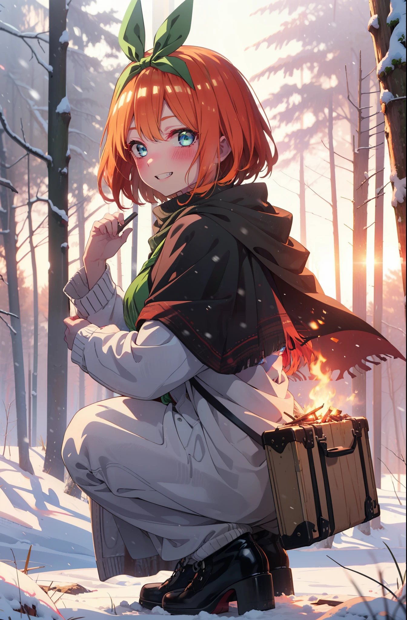 yotsubanakano, yotsuba nakano, bangs, short hair, blue eyes, Hair between the eyes, Hair Ribbon, hair band, Orange Hair, (Green ribbon:1.5), smile, Grin,smile,blush,White Breath,
Open your mouth,snow,Ground bonfire, Outdoor, boots, snowing, From the side, wood, suitcase, Cape, Blurred, Increase your meals, forest, White handbag, nature,  Squat, Mouth closed, フードed Cape, winter, Written boundary depth, Black shoes, red Cape break looking at viewer, Upper Body, whole body, break Outdoor, forest, nature, break (masterpiece:1.2), highest quality, High resolution, unity 8k wallpaper, (shape:0.8), (Beautiful and beautiful eyes:1.6), Highly detailed face, Perfect lighting, Highly detailed CG, (Perfect hands, Perfect Anatomy),