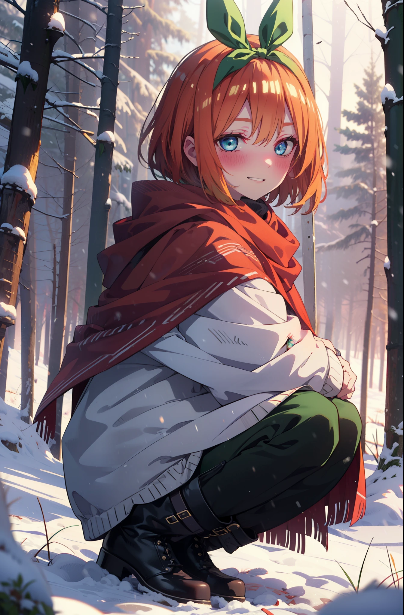 yotsubanakano, yotsuba nakano, bangs, short hair, blue eyes, Hair between the eyes, Hair Ribbon, hair band, Orange Hair, (Green ribbon:1.5), smile, Grin,smile,blush,White Breath,
Open your mouth,snow,Ground bonfire, Outdoor, boots, snowing, From the side, wood, suitcase, Cape, Blurred, Increase your meals, forest, White handbag, nature,  Squat, Mouth closed, フードed Cape, winter, Written boundary depth, Black shoes, red Cape break looking at viewer, Upper Body, whole body, break Outdoor, forest, nature, break (masterpiece:1.2), highest quality, High resolution, unity 8k wallpaper, (shape:0.8), (Beautiful and beautiful eyes:1.6), Highly detailed face, Perfect lighting, Highly detailed CG, (Perfect hands, Perfect Anatomy),