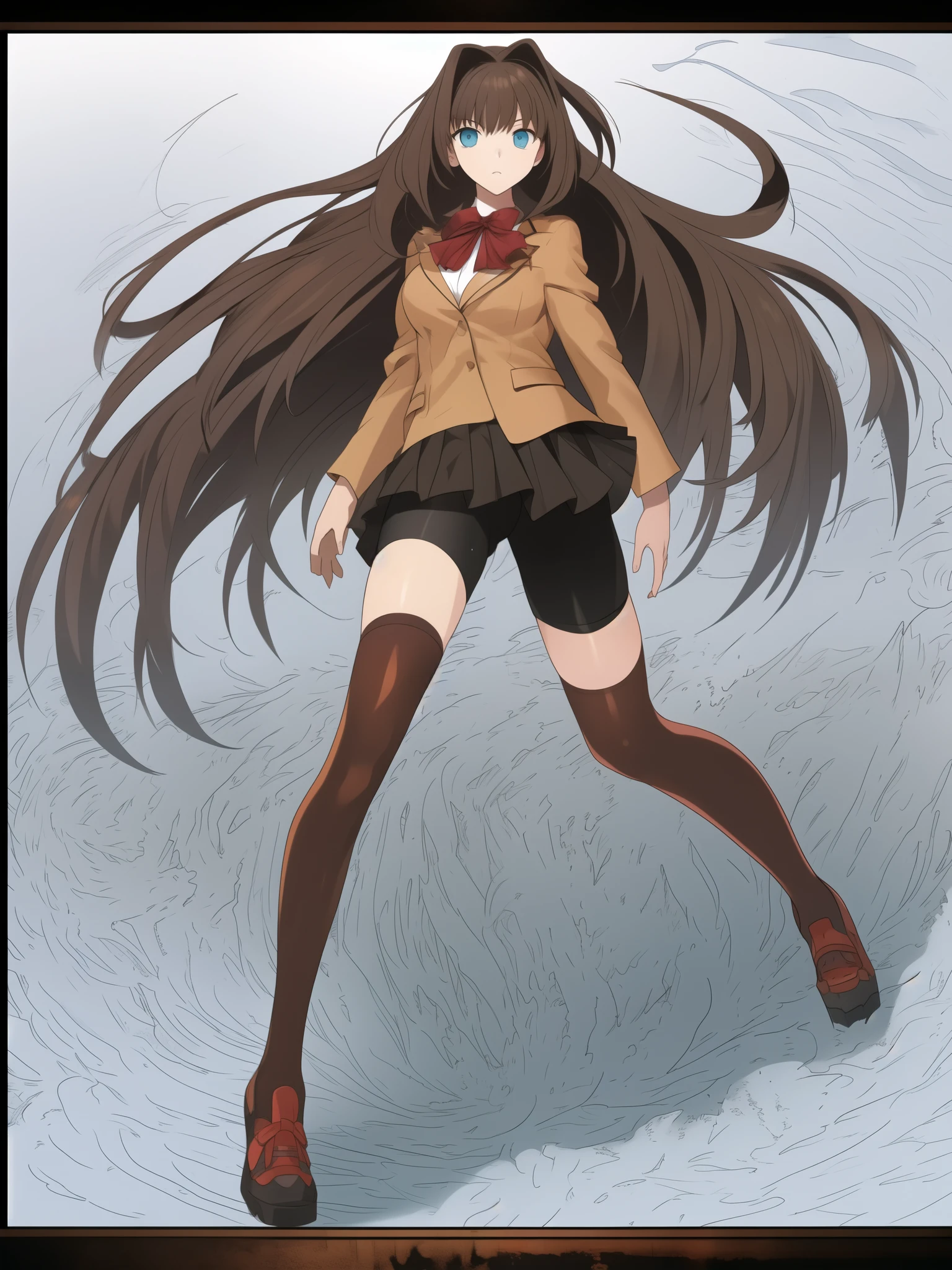 BREAK, blank background, white background, (EMPTY BACKGROUND), BREAK (masterpiece:1.2), best quality, high resolution, 8k, illustration, (beautiful detailed eyes:1.6), extremely detailed face, extremely detailed, CG, perfect hands, perfect anatomy, (((1girl))), (((solo))), (((bbaoko))), (((2 legs max:1.7))), (((2 feet max:1.6))), ((swirling vortex shaped longest brown hair:1.5)), (brown longest hair with slightly reddish undertone:1.6), (lush luscious longest brown hair:1.6), (very long voluminous longest brown hair:1.5), serious, blue eyes, red bowtie, (Form-fitting beige blazer:1.5), brown jacket, (highly detailed beautiful face:1.2), (white shirt:1), (well shaped large breasts:1.6), (nice hips:1), (((Umber pleated thigh-high skirt:1.6))), (((black bike shorts:1.4))), (2 nice visible thighs:1.6), (symmetrical thigh-high black colored stockings:1.6), (strap shoes brown color), (facing front:1.5), ((standing straight:1.5)), ((Fullbody in frame:1.6)), ((Full body:1.5))