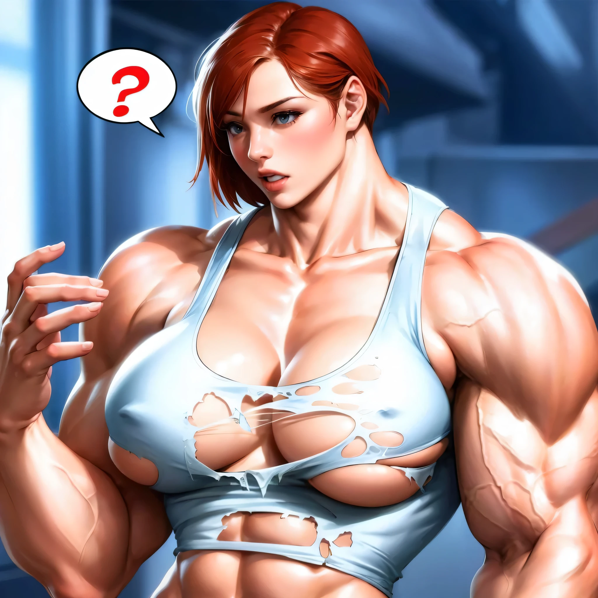 human,artstyle, best quality,illustration,1 girl, female, ,beautiful,torn camisole,biceps,pecs, 2000s (style),muscular female, alternate muscle size,,muscular,shocked,huge muscle,