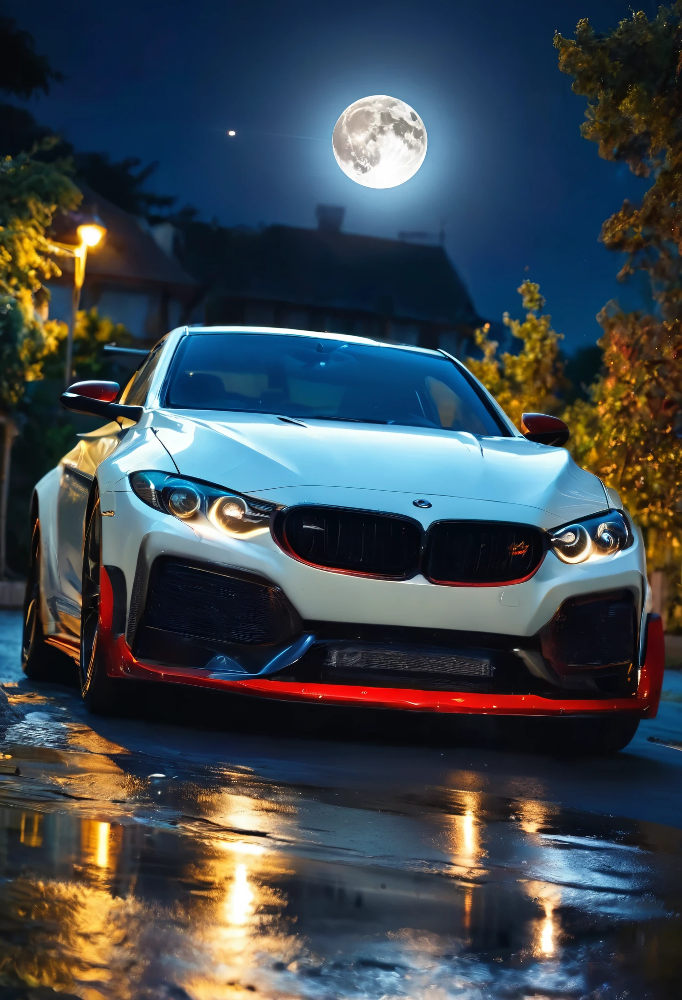 perfect sport car, shiny, moon ray, full moon, night, reflects