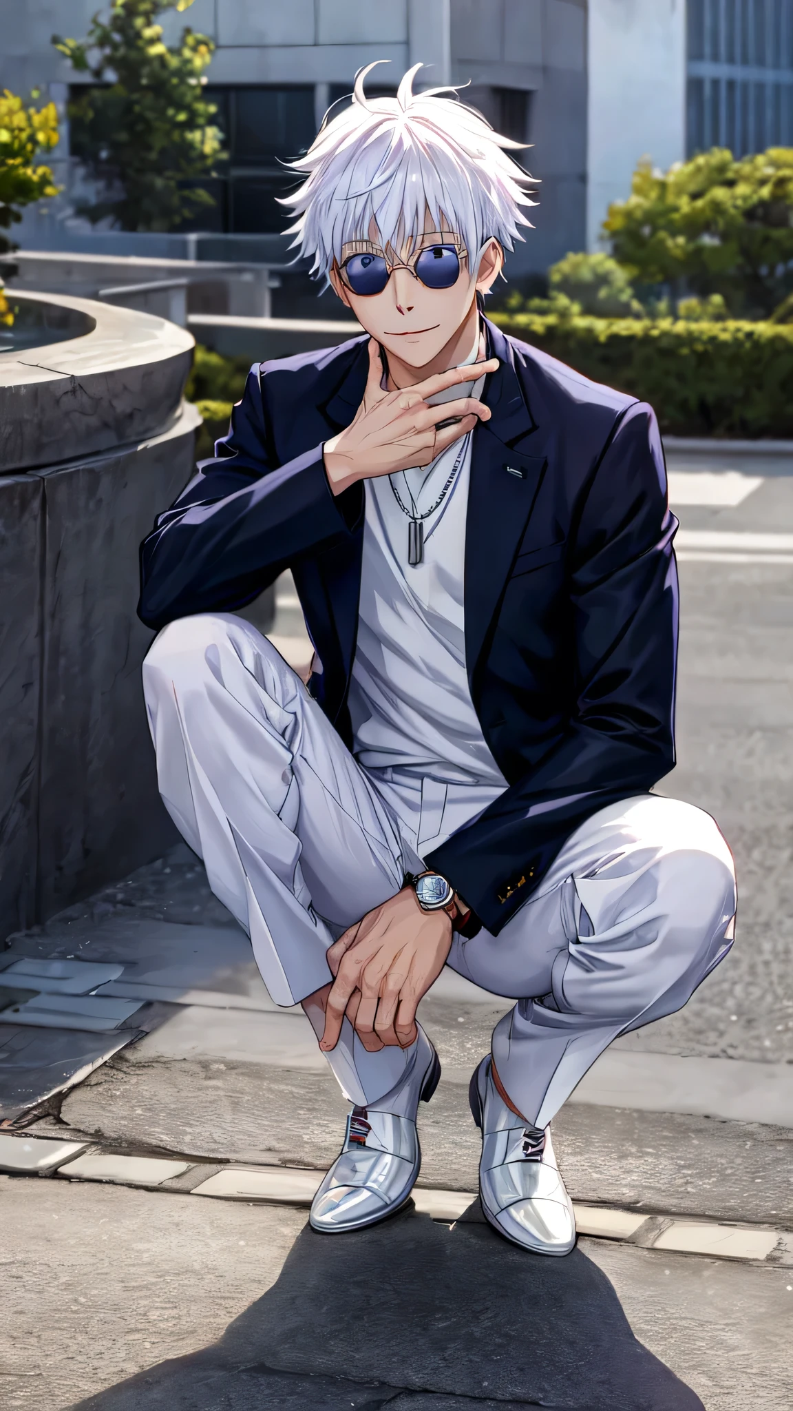 gojou satoru, solo, looking at viewer, smile, short hair, bangs, blue eyes, shirt, long sleeves, 1boy, hair between eyes, jewelry, sitting, closed mouth, jacket, full body, white hair, male focus, white shoes, pants, red and black three piece suit, necklace, red pants, squatting, sunglasses, white footwear, et, watch, round eyewear, wristwatch