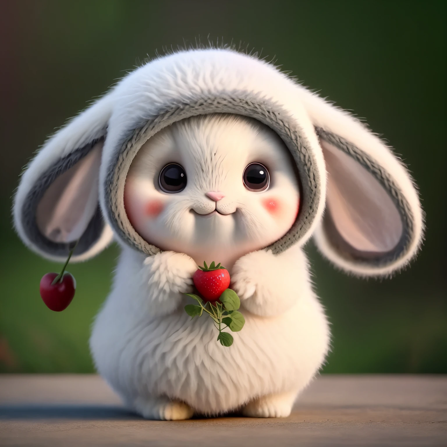 : 3. Rabbit, realistic, hairy, clothed animal, apple, dark circles, blush, cherry, food, fruit, full body, hat, non-human, strawberry, tomato, watermelon
