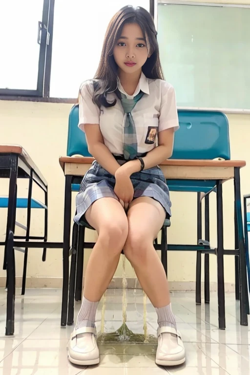(masterpiece, best quality:1.2), (realistic,photo-realistic:1.4), RAW photo, highres, extremely detailed, intricate details, cinematic lighting, (front view, view from below:1.3), a female, sitting on floor, white panties, (((open leg))), visible panties, in school classroom, (full body,loafers:1.5), large breasts, (fine fabric texture, white shirt, plaid mini-skirt, school bowtie, socks:1.2), detailed eyes, detailed face, fine-textured skin, pale skin,
(peeing self,urination:1.4),(ashamed:1.2),
desperate for peeing, wetting her clothes, pee runing down her legs, pee desperation pose, pee desperate face, big pee pudle,
indoors, photo background,