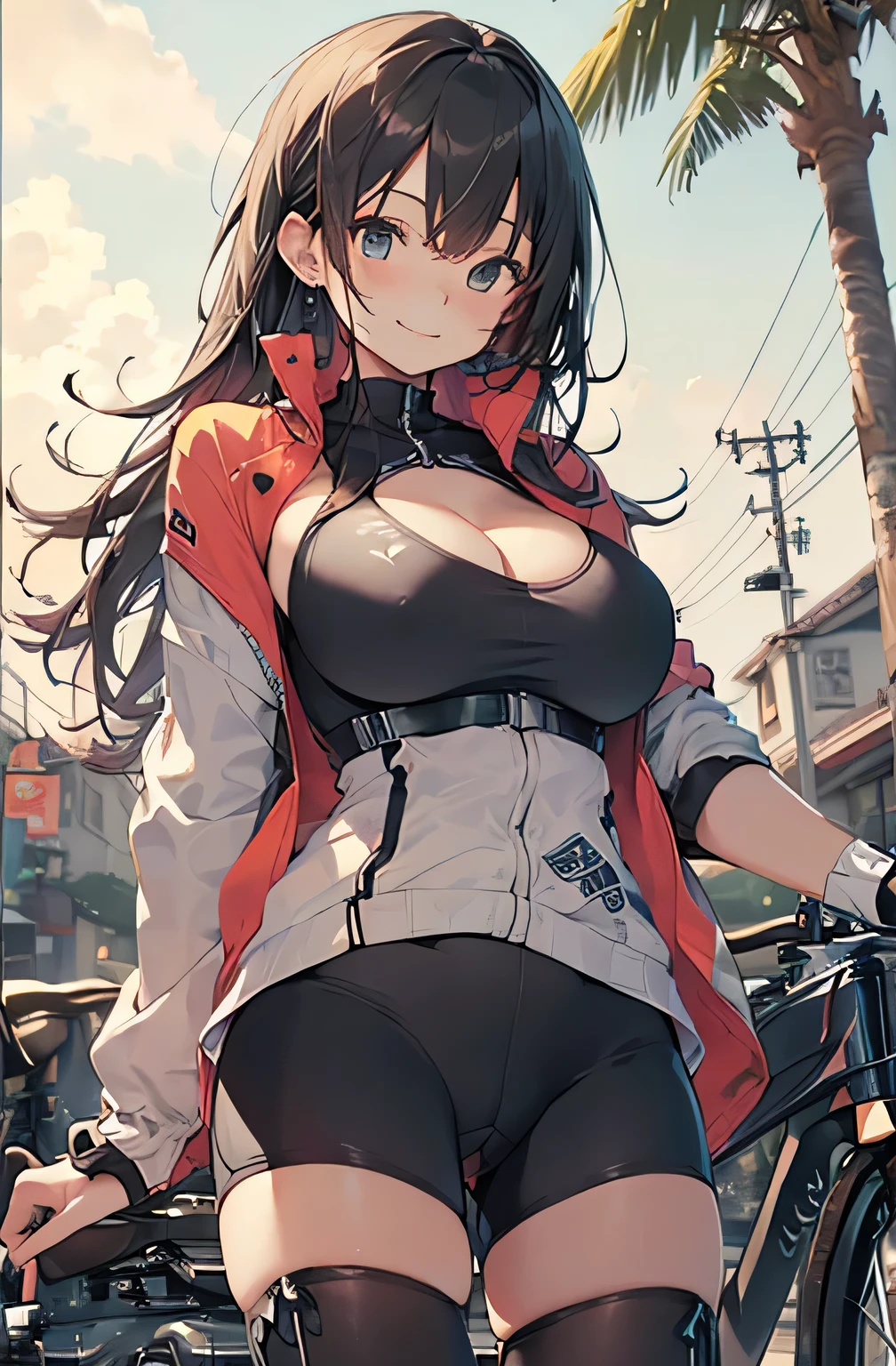 ((Browsing Caution)), (((Perfect picture))), One girl, alone, , Azusa Nakano, , Jacket, View Viewer, Smile Big Breasts, SFW with her chest covered, Big ample breasts!, SFW Big, Beautiful and seductive anime woman, Big ample breasts!!, Adopting breast proportions, highest quality, Official Art, Browsing Caution, Best Anatomy, (Bike Shorts,:1.5)、From below