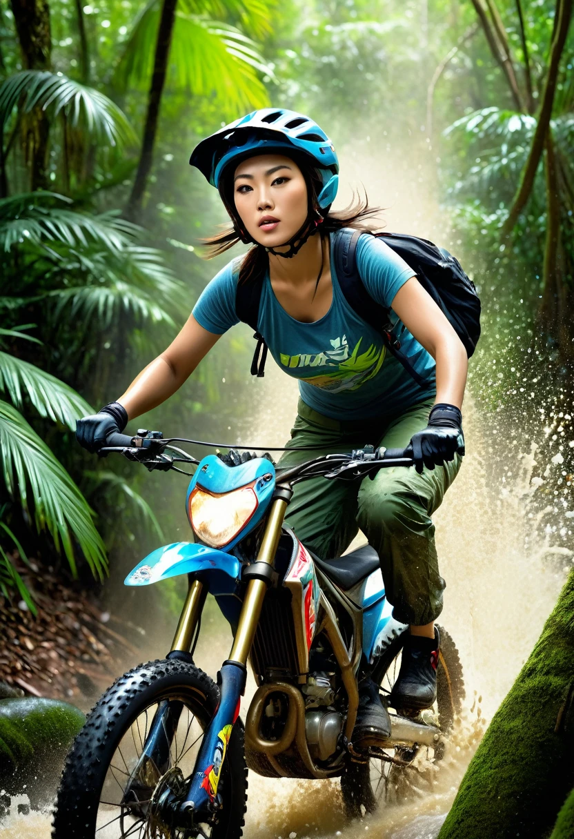 1 real photo of a beautiful Japanese girl with ??????????? doing a downhill bike ride in a tropical forest wearing a long t-shirt and long cargo pants complete with gloves and helmet, splash effects, splashes, flying water and dust, realistic dramatic action ultra HDR extreme original face angle look wide,incredibly absurdres, ultra detailed, high resolution, realistic lighting, photorealism, hyperrealism,masterpiece,vibrant colors,stunning visuals,ultra skin texsture,stable diffusion,perfect ???????,crazy details