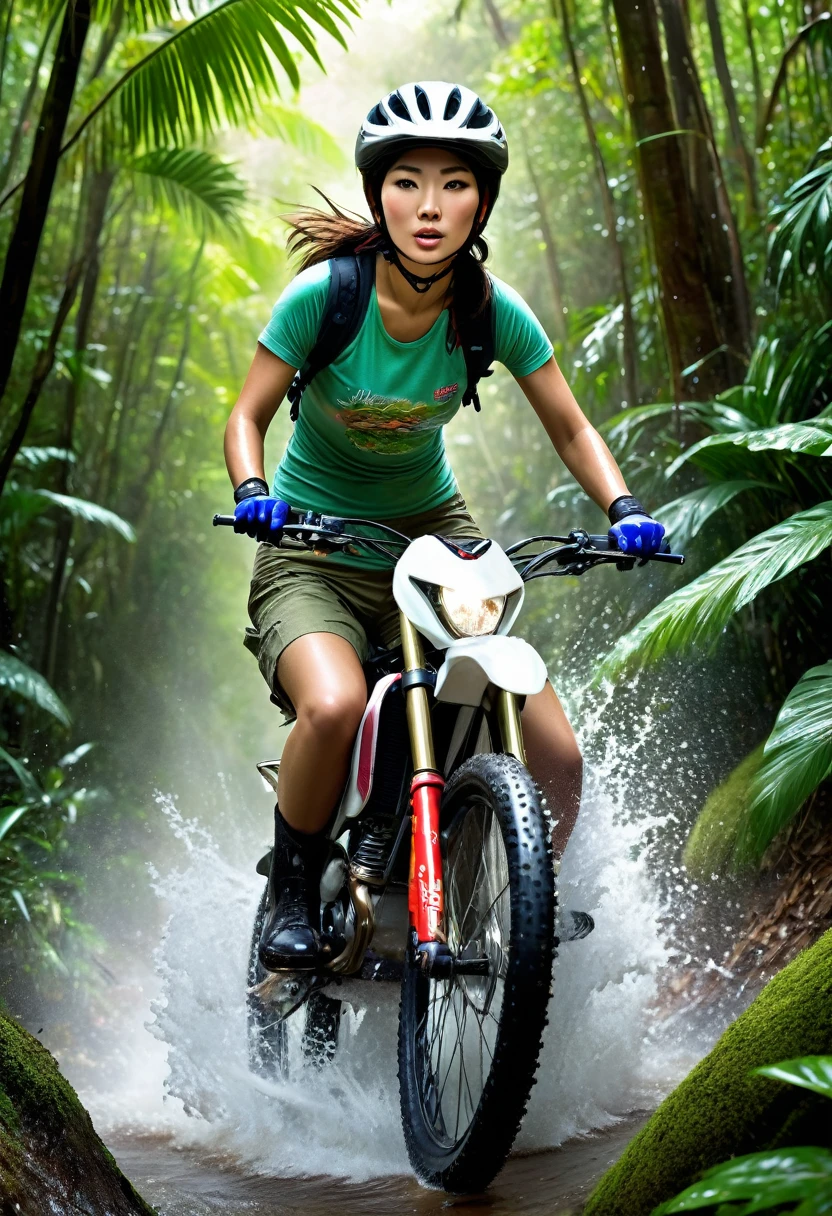 1 real photo of a beautiful Japanese girl with big breasts doing a downhill bike ride in a tropical forest wearing a long t-shirt and long cargo pants complete with gloves and helmet, splash effects, splashes, flying water and dust, realistic dramatic action ultra HDR extreme original face angle look wide,incredibly absurdres, ultra detailed, high resolution, realistic lighting, photorealism, hyperrealism,masterpiece,vibrant colors,stunning visuals,ultra skin texsture,stable diffusion,perfect anatomy,crazy details