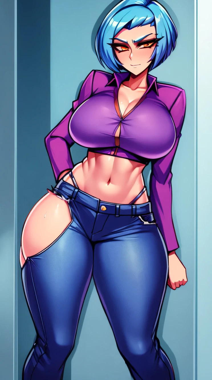 A tall woman, sexy, sensual, beautiful, sensitive, beautiful, beautiful, big breast, huge light blue hair, disheveled haircut, mencho point, forehead, orange eye, eyelashes, slim black, wearing a purple shirt, showing her navel, and her blue denim pants, brown heels.