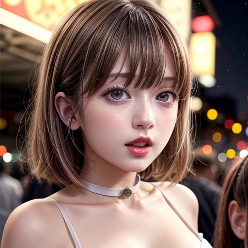 masterpiece of professional Analog photo, realistic and photorealistic with touch of rawness, (a close-up portrait of a tiny princess wearing white thongs on a city street), Dusk Sky with afterglow, intricate lighting effects with light particles, (many colorful lights dazzling bokeh), Traffic lights, crowd of tiny girls enjoying summer festival, { Childish | Gigantic Cleavage }, (((NOGIZAKA))) Extremely Detailed very KAWAII face variation, perfect anatomy, captivating gaze, elaborate detailed Eyes with (sparkling highlights:1.2), long eyelashes、Glossy RED Lips with beautiful details, Coquettish tongue, Rosy cheeks . (Dynamic joyful expressions), { pleasure in agony | Ecstasy | :D | screaming | Perplexed }, Mystic sight . hair and eye color is same color, { Red leather high collar | Red ribbon }, from diagonally angle. short bob, Tiny princess Coronet .