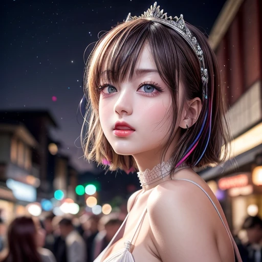 masterpiece of professional Analog photo, realistic and photorealistic with touch of rawness, (a close-up portrait of a tiny princess wearing white thongs on a city street), Dusk Sky with afterglow, intricate lighting effects with light particles, (many colorful lights dazzling bokeh), Traffic lights, crowd of tiny girls enjoying summer festival, { Childish | Gigantic Cleavage }, (((NOGIZAKA))) Extremely Detailed very KAWAII face variation, perfect anatomy, captivating gaze, elaborate detailed Eyes with (sparkling highlights:1.2), long eyelashes、Glossy RED Lips with beautiful details, Coquettish tongue, Rosy cheeks . (Dynamic joyful expressions), { pleasure in agony | Ecstasy | :D | screaming | Perplexed }, Mystic sight . hair and eye color is same color, { Red leather high collar | Red ribbon }, from diagonally angle. short bob, Tiny princess Coronet .