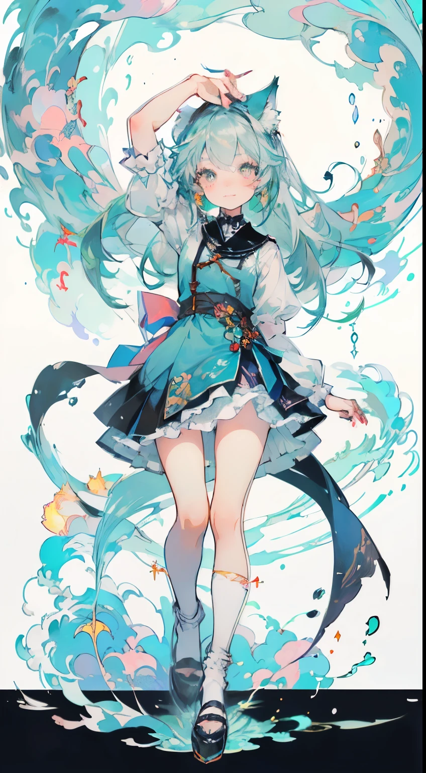 ((Tabletop, highest quality: 1.1), ((Anime girl in a blue dress holding a magic wand)), Art Nouveau、メイド服を着たアニメのCat girl, , ((Green hairs))、Long-haired、((Eyes like shining jewels Long lashes Transparency))、Very Beautiful Anime Cat girl, アニメCat girl, ((White knee-high socks)), 魅力的なCat girl, Inspired by Leiko Ikemura, Takano Aya color style, in ryuuou no oshigoto art style, Cat girl, Favorite character, rei hiroe、With a smile