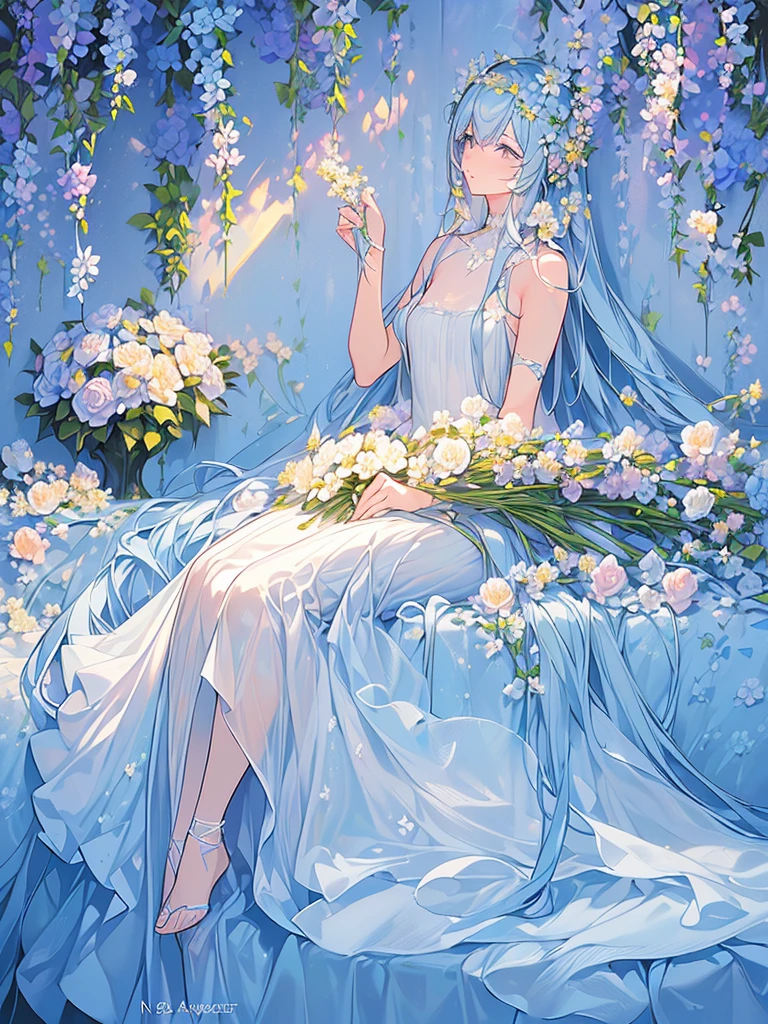 ((masterpiece, best quality, extremely detailed, absurdres)),, masterpiece, best quality, extremely detailed, (((light blue long hair))), long hair cute anime faces,detailed light,parted lips,shiny、beautiful detailed face,,longhair、(((( light blue long hair)))),,10 years old, , 1girl, solo, flat chest, blush, bangs, , flat chest,((best quality)), ((masterpiece)), ((Super detailed)), (illustration), (detail light), (an extremely delicate and fair), ((prune)), incredible_Ridiculous, (Ray tracing), (reflected light), ((movie poster)), (sign:1.3), (English text:1.3), rest (8K:1.3), wallpaper, 1 girl, (Girl among flowers:1.4), , clear sky, external, Super detailed, best quality, Ultimate quality, masterpiece, fair, beautiful, sit on the floor, (Ridiculously long hair, Clear border of cloth:1.4), (pure white dress, pure white silk cloth:1.5), (Flower land, Thousands of flowers, colorful flowers, flowers around her, various flowers:1.51), young, amazing, attractive, sundress, wonderful scenery, pure white shoes