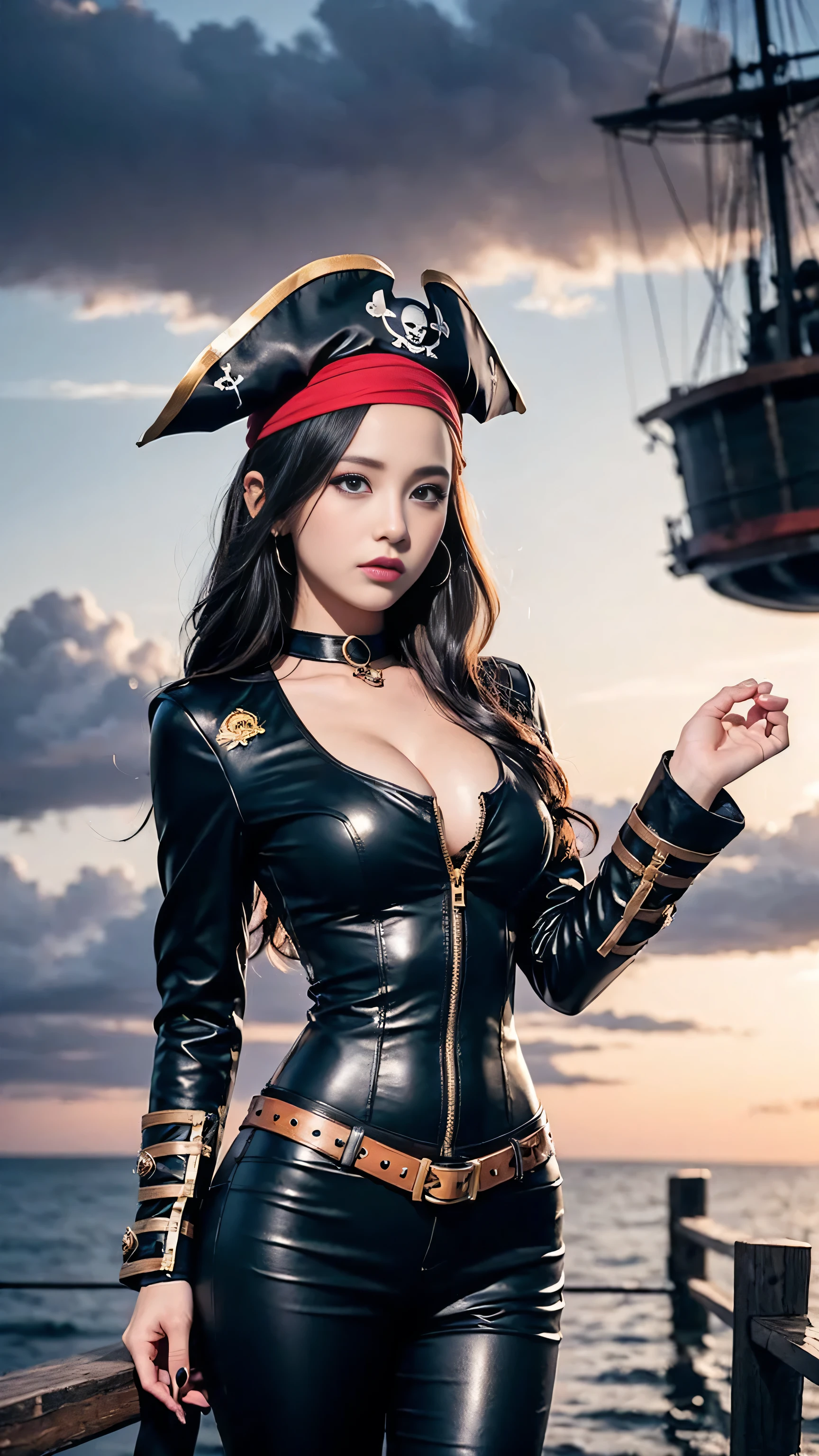 A beautiful woman wearing pirate costume , in pirate ship, black clouds in the sky, super detailed look, perfect body shape and hands, beautiful big eyes, standing, front view, cinematic lightening