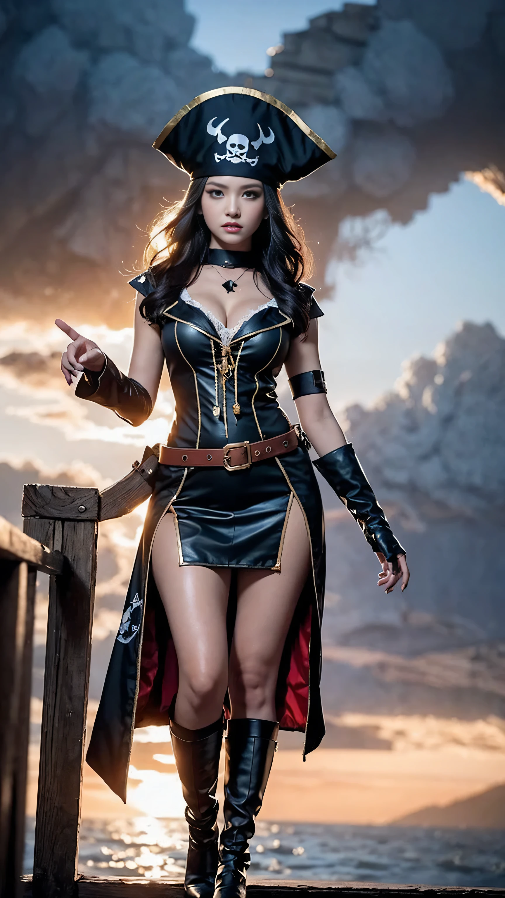 A beautiful woman wearing pirate costume , in pirate ship, black clouds in the sky, super detailed look, perfect body shape and hands, beautiful big eyes, standing, front view, cinematic lightening