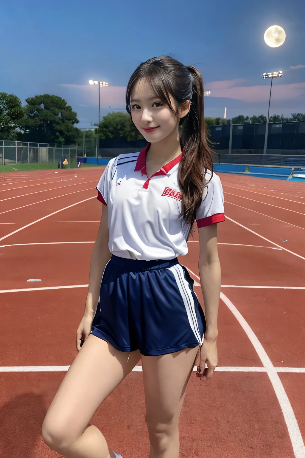 (Full Body:1.4), (Masterpiece, Top quality, Ultra High Definition, 8K), (realistic, photo-realistic:1.4), (1 cute Japanese woman:1.2), age 19, 170cm tall, Slender Body, Large Breasts, (round face, moon face:1.3), (Lower Ponytail:1.3), Shiny Hair, Straight Hair, glossy lips, flawless skin, glossy thighs, (Track and Field Uniform:1.3), Half Smile, Standing, at athletics track field, realhands,