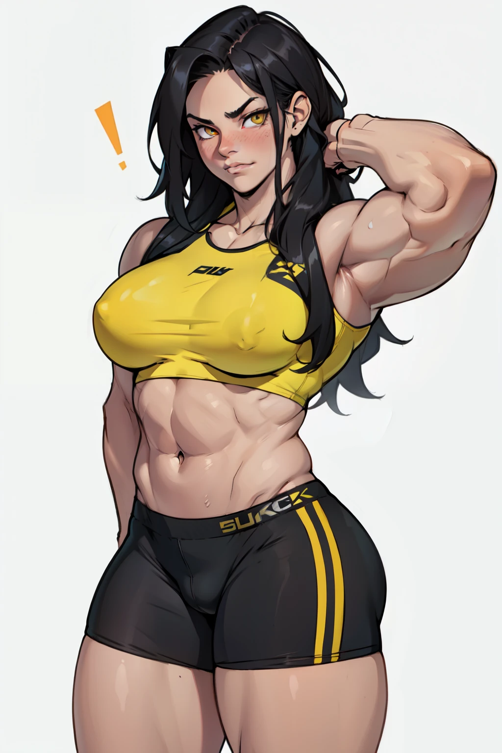 ((1girl)) pale skin large breasts (muscular) toned body thick thighs black hair yellow eyes (long hair) bodybuilder blushing (seductive expression) best quality perfect anatomy compression bra bike shorts