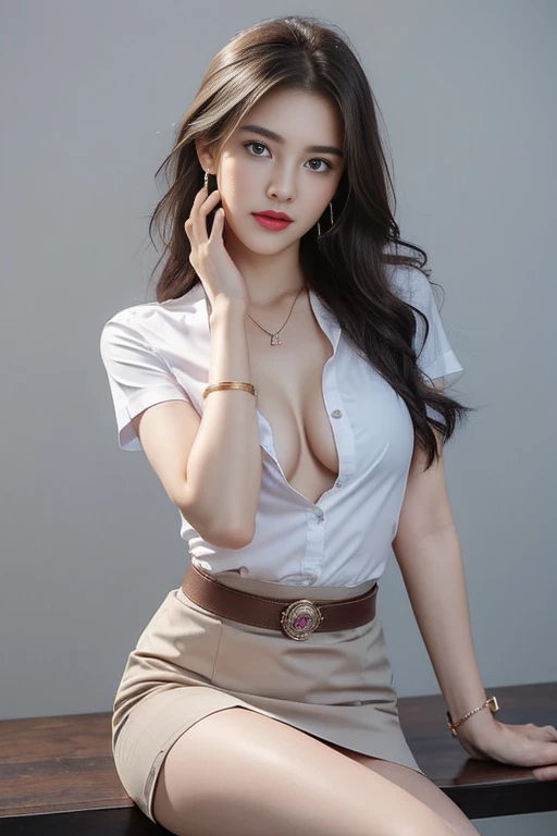 (8ก,high resolution,Masterpiece, best quality, alone, complicated details, Chromatic aberration), realistic, hair in one eye, big round hoop earrings, Diamond choker, Gold Necklace, silver necklace, small watch, bangle, bracelet, bangleข้อเท้า, waist necklace, (symmetrical eyes),(Perfect symmetrical body), (Photo of a beautiful 24 year old teenage girl), Beautiful and charming with contemporary fashion paintings as well.., looking at the audience, ((Behind the large bedroom)), (black short skirt), (((Wear a blue shirt over it.., ((white short sleeve, Open chest shirt), ((เปิดเสื้อโชว์small breastsน้อย, no bra,)), (open chest), (Sagging breasts.))), (()), (Long square leather belt buckle), ((Put your hands down.)), (bob, medium length hair, pinch, Side flatness, golden hair, (There is a thin layer of hair covering the face..)), Beautiful eyebrows, sharp eyeliner, eyelid, Blush, Beautiful thin eyebrows, have thick eyelashes, sharp eyes, purple eyes, pink cheeks, Very delicate and beautiful, round chin, Sharp focus, elegant, red lips, Thin mouth, (Open your legs on the study table..), (Sit facing out and looking at the camera..), (Open your legs and lift your right leg over your left leg..), (), Set a seductive example, (Sagging breasts),dark skin, ((small breasts)), dark skin, Beautiful eyebrows