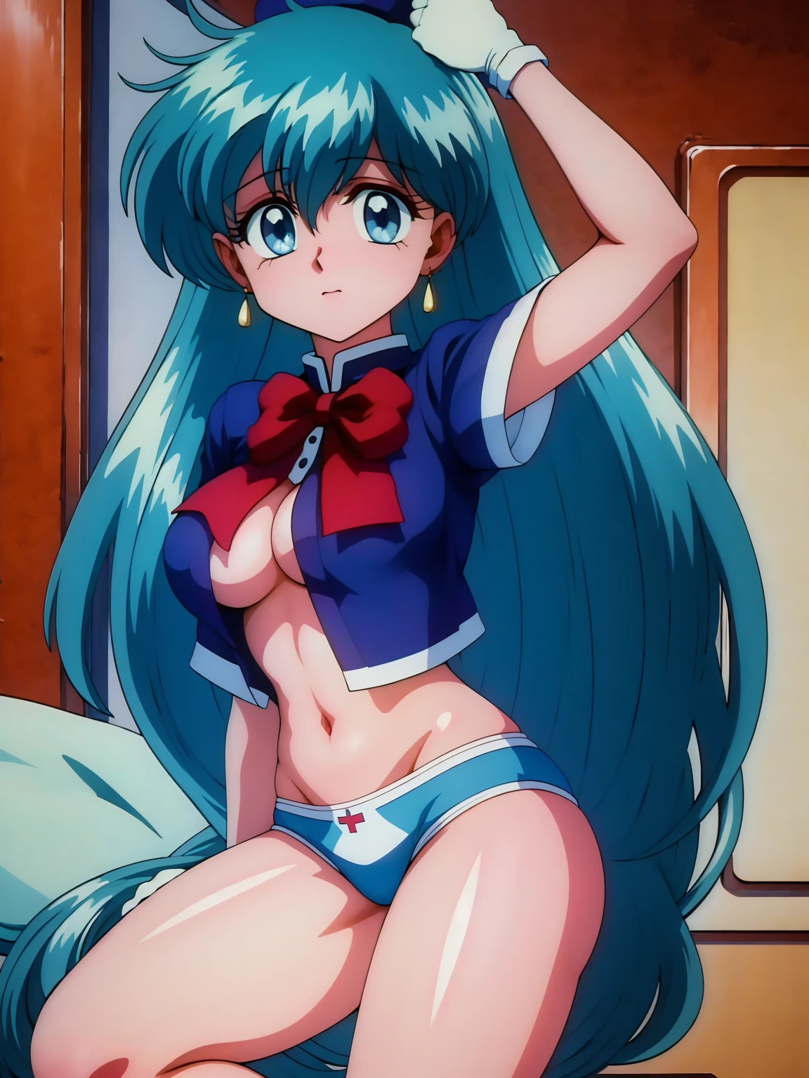 (masterpiece, highest quality:1.2), Tiangong Gui ,1 girl, Lonely,Subtle blue hair color, White underwear, Panty shot