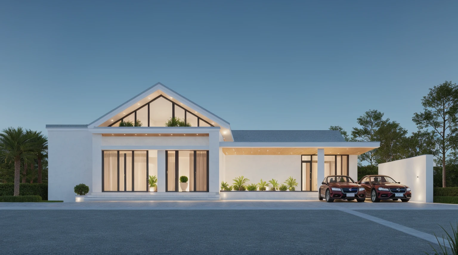 PLATFORM KTHOUSE, 1 morden villa, main material of villa about build color wall:1.2 glass panel:1.1 and stone:1.2, 1large yard, 1 road runs in front of the house, (RAW photo, real, best quality, masterpiece:1.2), look morden minimalist, 1 road in front of the house, dynamic lighting:1.3, (hyper realistic, photo-realistic:1.2), high quality, (dark lighting:1.2), perfect lighting, archdaily, no human
