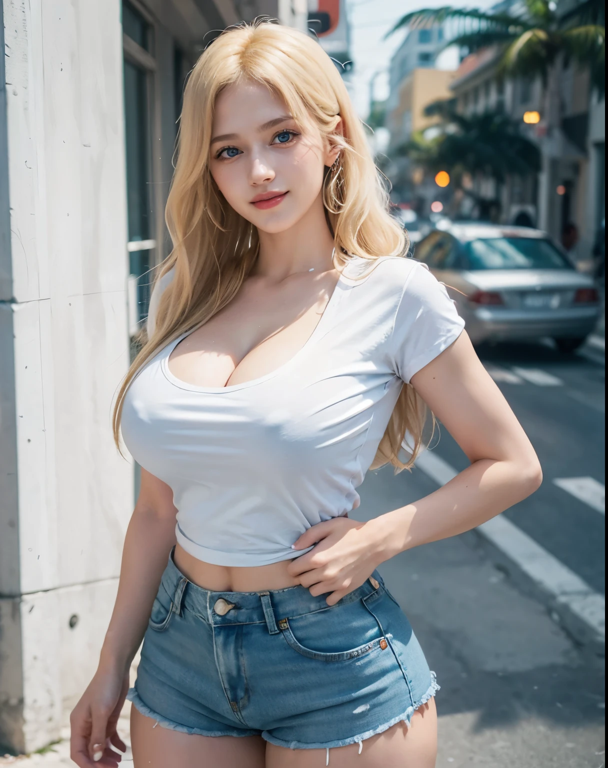 1girl, (Blue Eyes), (smiling :1.2), (Sana Minatozaki), (wide hips :1.2), Big tits, big ass, (thick and toned thighs :1.1), (Best Quality, 8k, Masterpiece: 1.3), Clear Focus: 1.2, Perfect Body Beauty: 1.4, strong abs, Highly detailed face and skin texture, detailed eyes, double eyelids, (blonde long straight hair :1.1), (cleavage white t-shirt :1.2), (denim shorts), standing, bent over showing her tits, on the streets of Miami