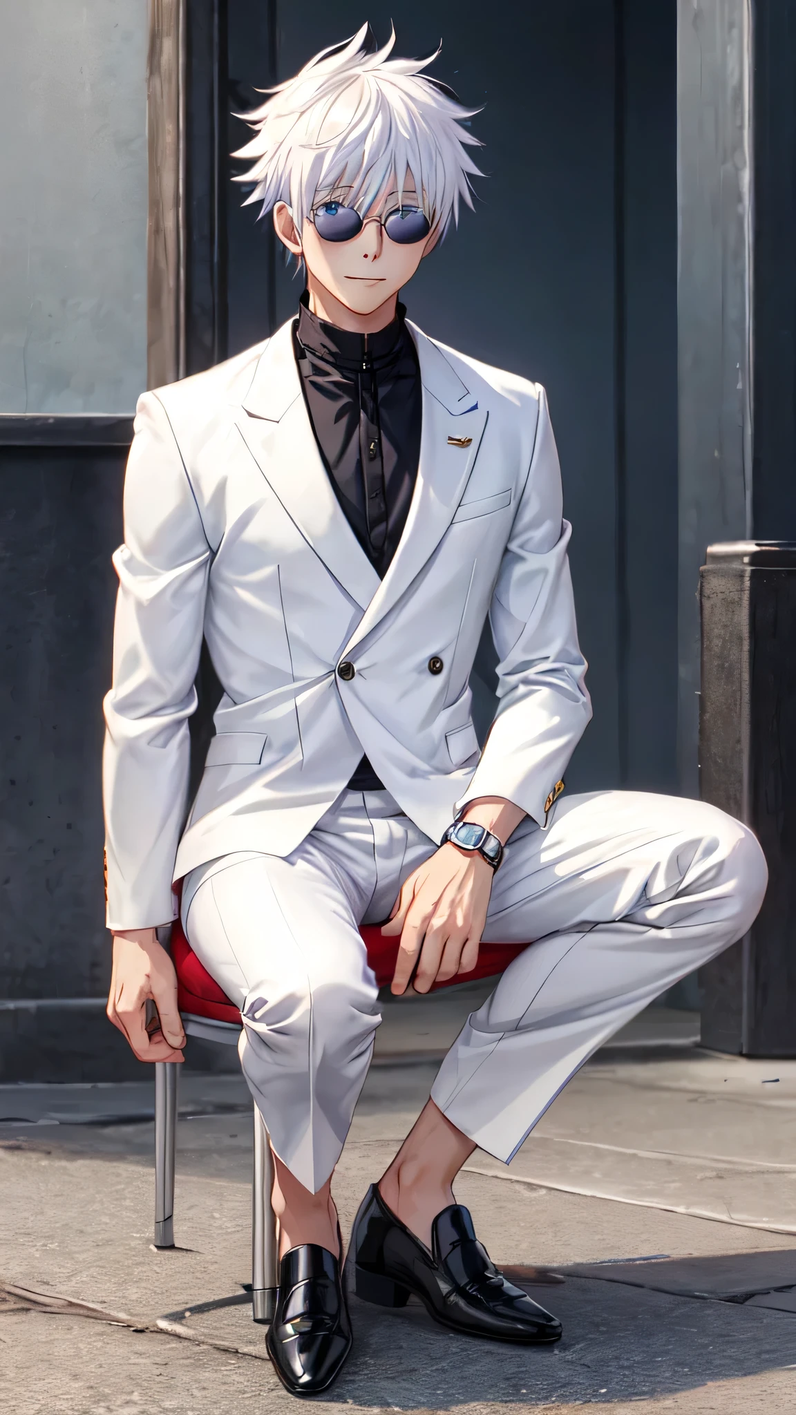 gojou satoru, solo, looking at viewer, smile, short hair, bangs, blue eyes, shirt, long sleeves, 1boy, hair between eyes, jewelry, sitting on chair, closed mouth, full body, white hair, male focus, white shoes, pants, red and black three piece suit, necklace, red pants, squatting, sunglasses, white footwear, et, watch, round eyewear, wristwatch