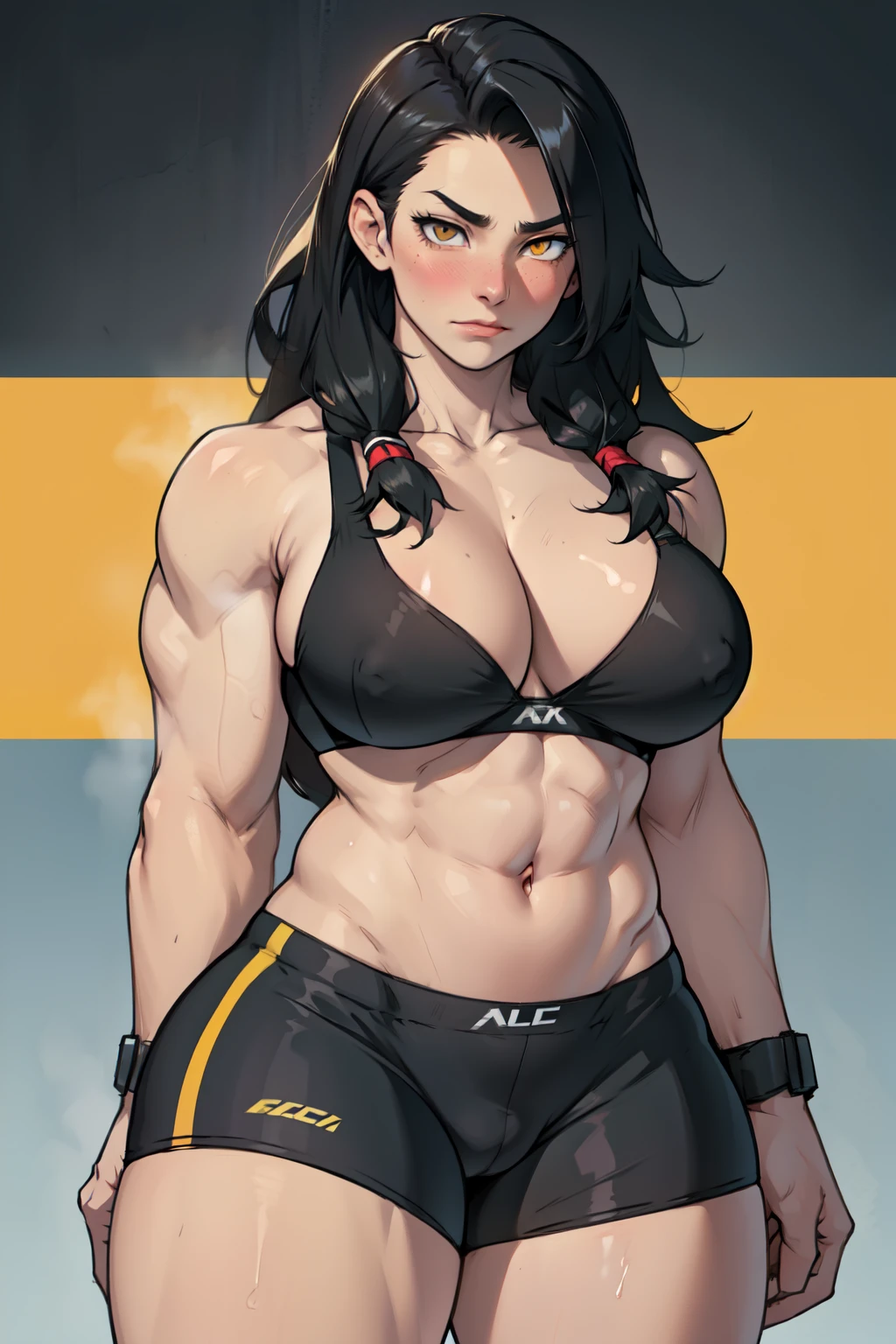 ((1girl)) pale skin large breasts (muscular) toned body thick thighs black hair yellow eyes (long hair) bodybuilder blushing (seductive expression) best quality perfect anatomy compression bra bike shorts massive breasts