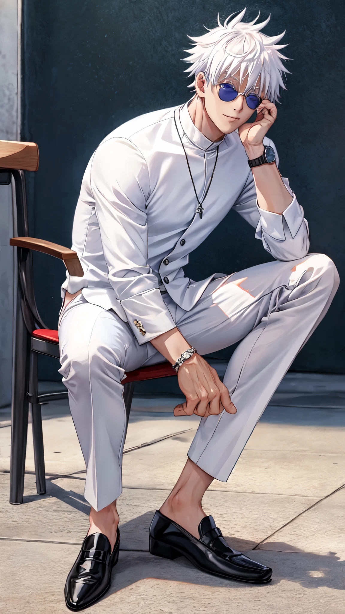 gojou satoru, solo, looking at viewer, smile, short hair, bangs, blue eyes, shirt, long sleeves, 1boy, hair between eyes, jewelry, sitting on chair, closed mouth, full body, white hair, male focus, white shoes, pants, red and black three piece suit, necklace, red pants, squatting, sunglasses, white footwear, et, watch, round eyewear, wristwatch