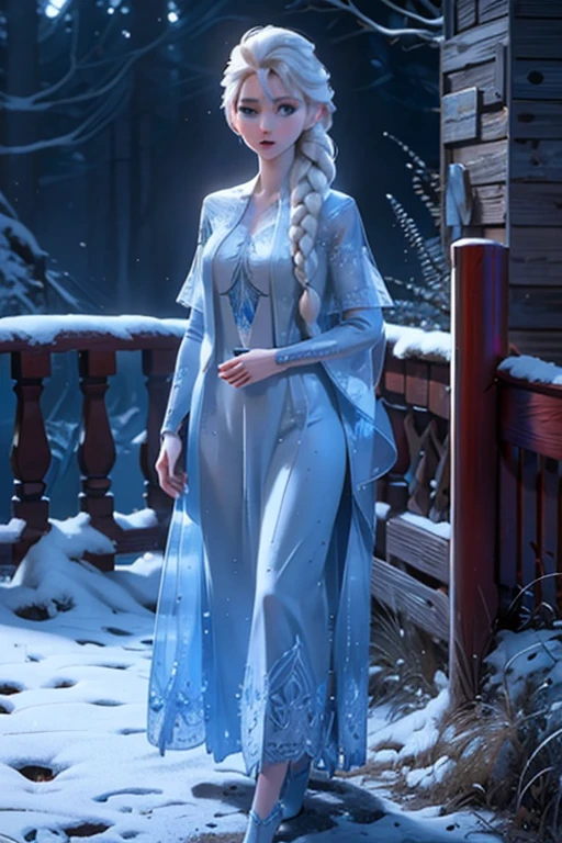 realistic, realism, photorealism, photo-realistic, high contrast, (photorealistic:1.4), 8k high definition detailed realistic, (best quality, masterpiece:1.2), NSFW, photon mapping, radiosity, physically-based rendering, best quality, highly detailed,1girl, felsa, white hair, blue eyes, single braid, hair over shoulder, full body, blue dress, snow, blue theme,