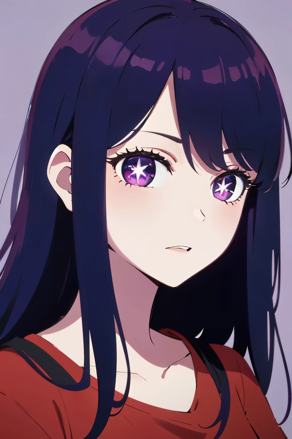 ((best quality)), ((masterpiece)), (detailed), perfect face. Asian girl. Purple hair. Purple eyes. Star eyes. T-shirt.