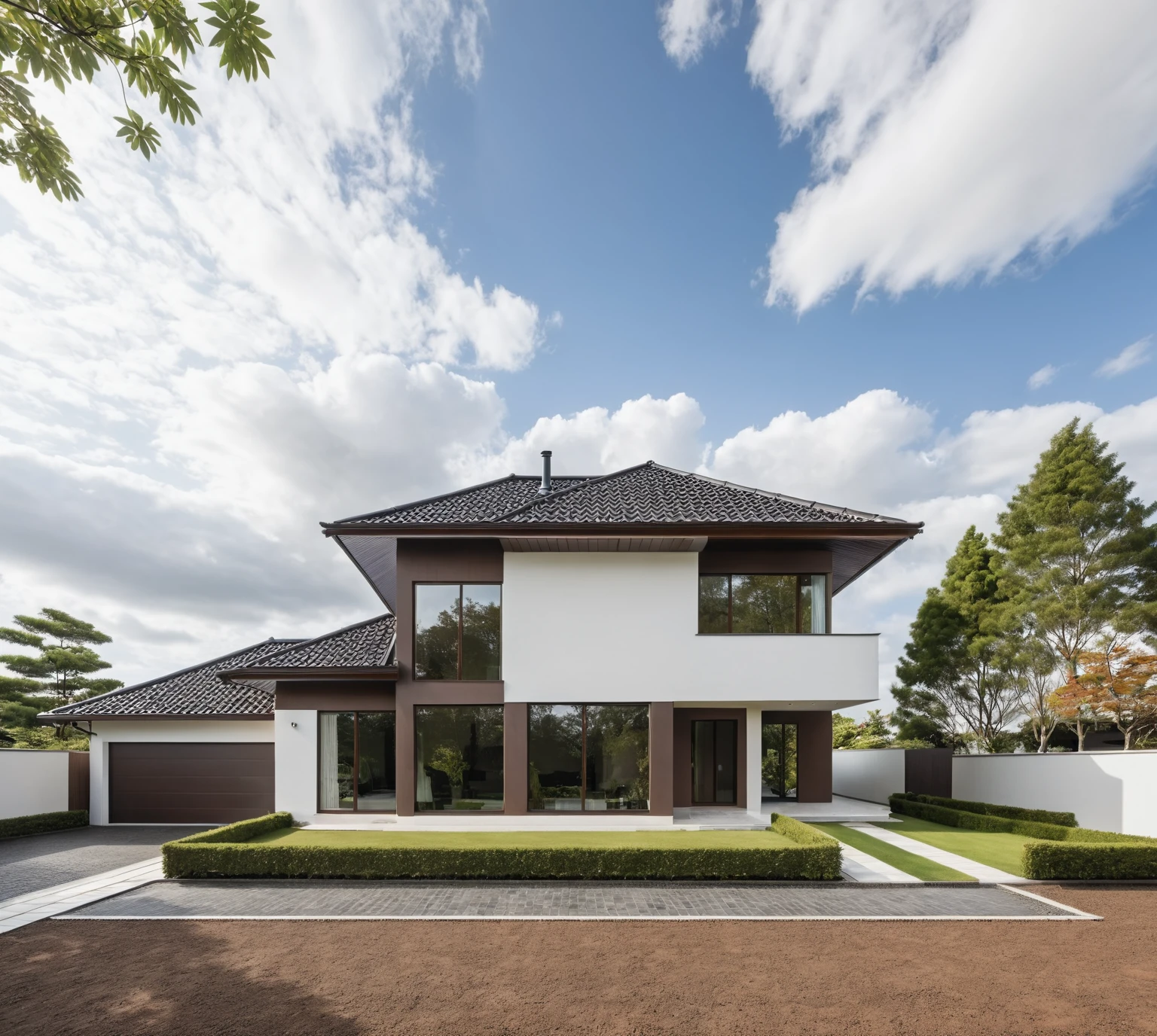 Raw photo,Masterpiece, high quality, best quality, authentic, super detail, exterior, outdoors, house style modern on the street,pavement, grass, trees, sky, cloud, (day:1.1), ((MIX WHITE AND Chocolate style color : 1.3)); (((CHOCOLATE COLOR STYLE ROOF TILES : 1.7))) , japanese roof style