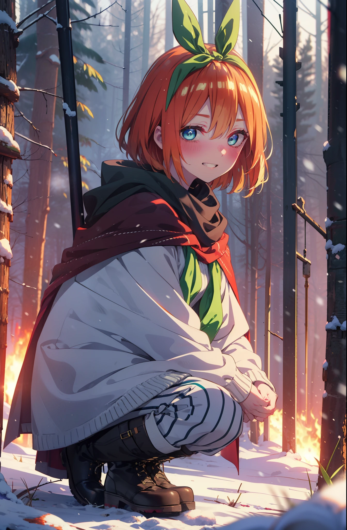 yotsubanakano, yotsuba nakano, bangs, short hair, blue eyes, Hair between the eyes, Hair Ribbon, hair band, Orange Hair, (Green ribbon:1.5), smile, Grin,smile,blush,White Breath,
Open your mouth,snow,Ground bonfire, Outdoor, boots, snowing, From the side, wood, suitcase, Cape, Blurred, Increase your meals, forest, White handbag, nature,  Squat, Mouth closed, フードed Cape, winter, Written boundary depth, Black shoes, red Cape break looking at viewer, Upper Body, whole body, break Outdoor, forest, nature, break (masterpiece:1.2), highest quality, High resolution, unity 8k wallpaper, (shape:0.8), (Beautiful and beautiful eyes:1.6), Highly detailed face, Perfect lighting, Extremely detailed CG, (Perfect hands, Perfect Anatomy),