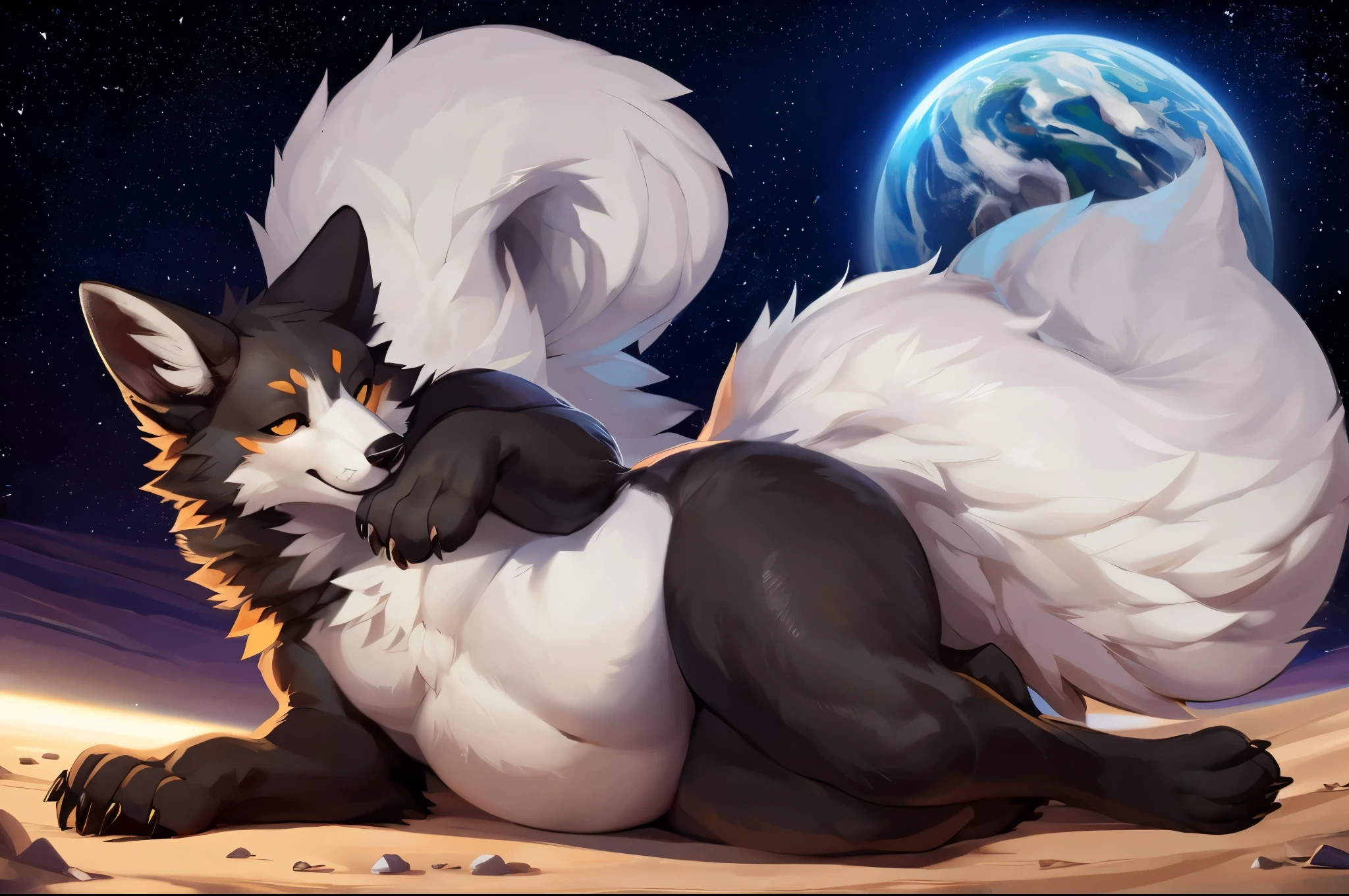 4k ultra quality, 4k full body view,(ultra high detailed body),((feral)) fox,by mystikfox61, by glitter trap boy,feral paws, by bebebebebe,by morethreedee, by seibear,(thick thigh),(chubby thigh),thicc thigh,thick legs,chubby legs,thicc legs,massive butt,enomorous thigh,massive thigh,massive legs,thick lower legs,wide legs,(detailed thigh),(wide thigh),fluffy belly sharp nails,((sfw)),(ultra detailed face),detailed eyes,big tail,fluffy tail,(detailed tail),enomorous tail,bigger tail,huge tail,volumetric light,big paws,(thick paws),fluffy paws,furry paws,enomorous paws,(feral focus), beast,(bigger lower body),(long legs),master works, super fine, 4k resolution, high quality,high picture detail,dark fantasy,illusory engine, Masterpiece,front view,dire fox,faint lighting,macro (feral) body,hyper belly,chubby (feral) body,macro,on a planet,in space