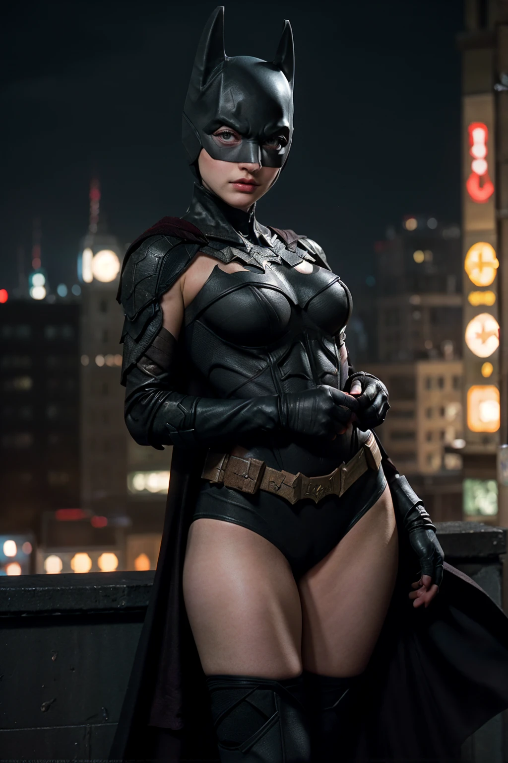 ((masterpiece, highest quality, High resolution, Realistic, to be born, 8k wallpaper)), (Huge and stunning goddess shot, Very hot and sexy,(( Ready Pose)),A menacing posture and a sharp gaze,Amazing beauty, Perfect balance, Beautiful body, Slim body beauty: 1.4), 夜の街のスカイラインを見下ろす屋上に立つBatman, Gotham city background, nighttime in Gotham city, Gotham city, 映画Batmanから, Gotham city double exposure, Gotham city style, Batmanのフィルムスチル, metropolis filmic Gotham city, サイバーパンクBatman, Batman映画の静止画, Batman映画ではスチルシネマティック, Gotham setting, Batman, Gotham,