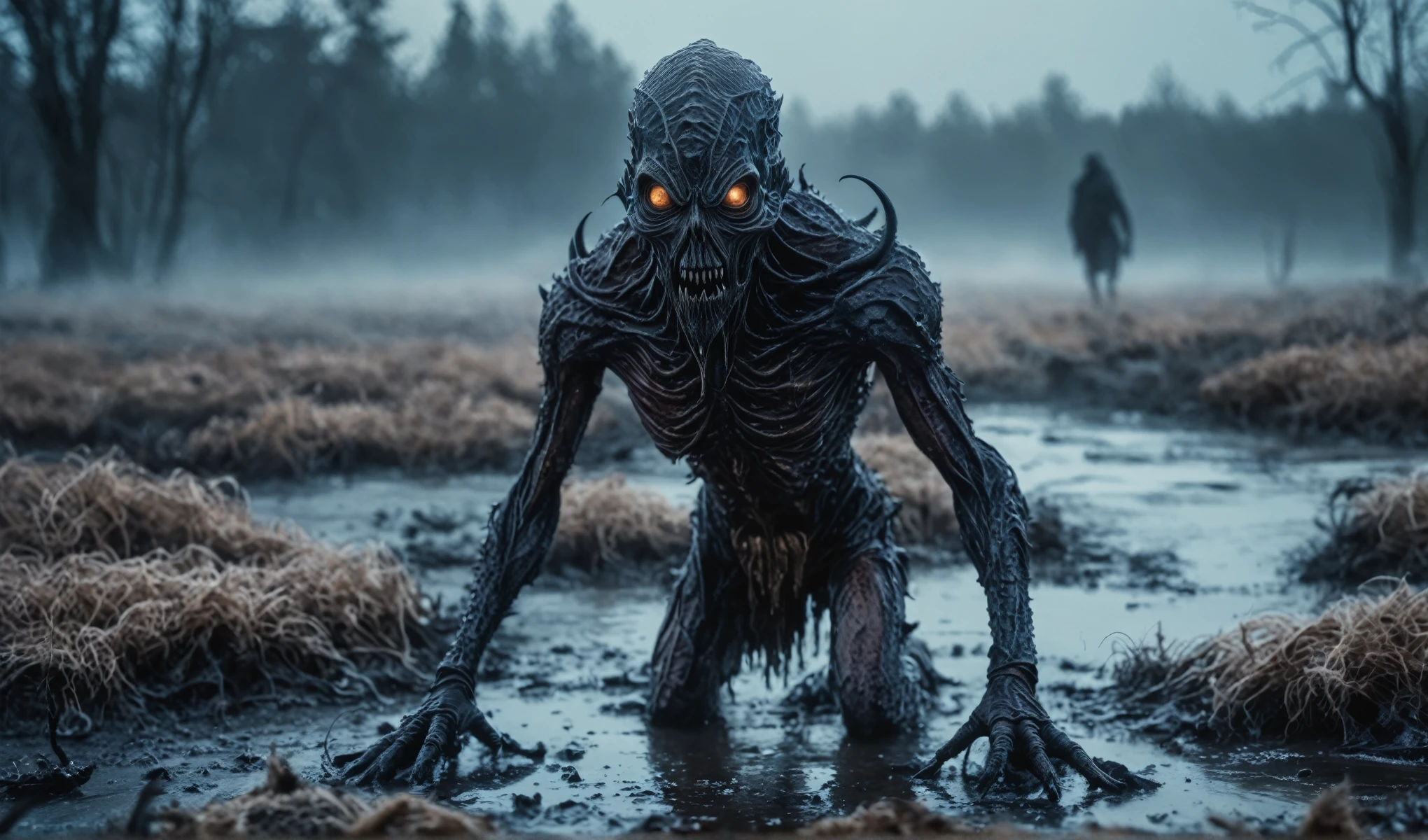 full-body-shot,niobium Manganite (The Alien Entity:Quora:0.5), wants eat,survival in criminal village of future,Cinematic,soft colors, Technicolor,natural skin textures, hyper realism, hyper detailed,Extremely detailed,High contrast,Masterpiece,Realistic,Ultra Detailed, intricate details,realistic humid leather,extremely intricate,Epic Realistic, cinematic style,irina yermolova,high contrast,HDR,extremely detailed, [deep night landscape],masterpiece,intricate details,faded,eyes extremely detailed, high detailed eyes,8k resolution,RAW,retina, Nikon Z9,pale demon crawling out the earth,  frozen foggy marsh on background, horror movie, cinematic look, creepy aesthetic, ultra detailed, photorealistic, masterpiece,winter
