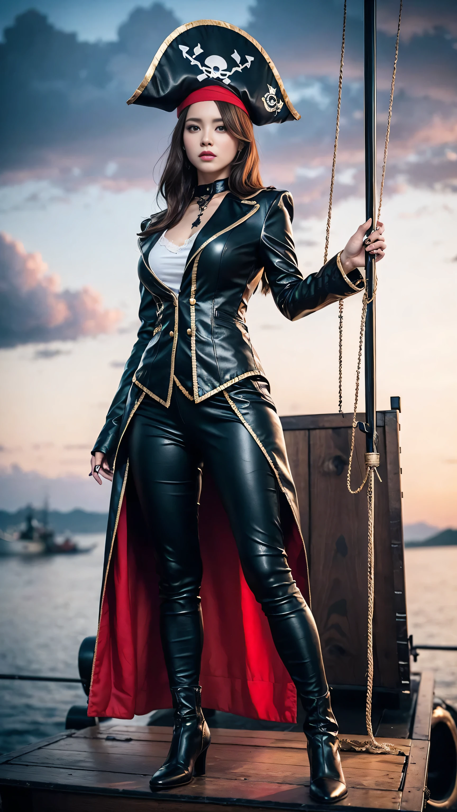 A beautiful woman wearing pirate costume , in pirate ship, black clouds in the sky, super detailed look, perfect body shape and hands, beautiful big eyes, standing, front view, cinematic lightening