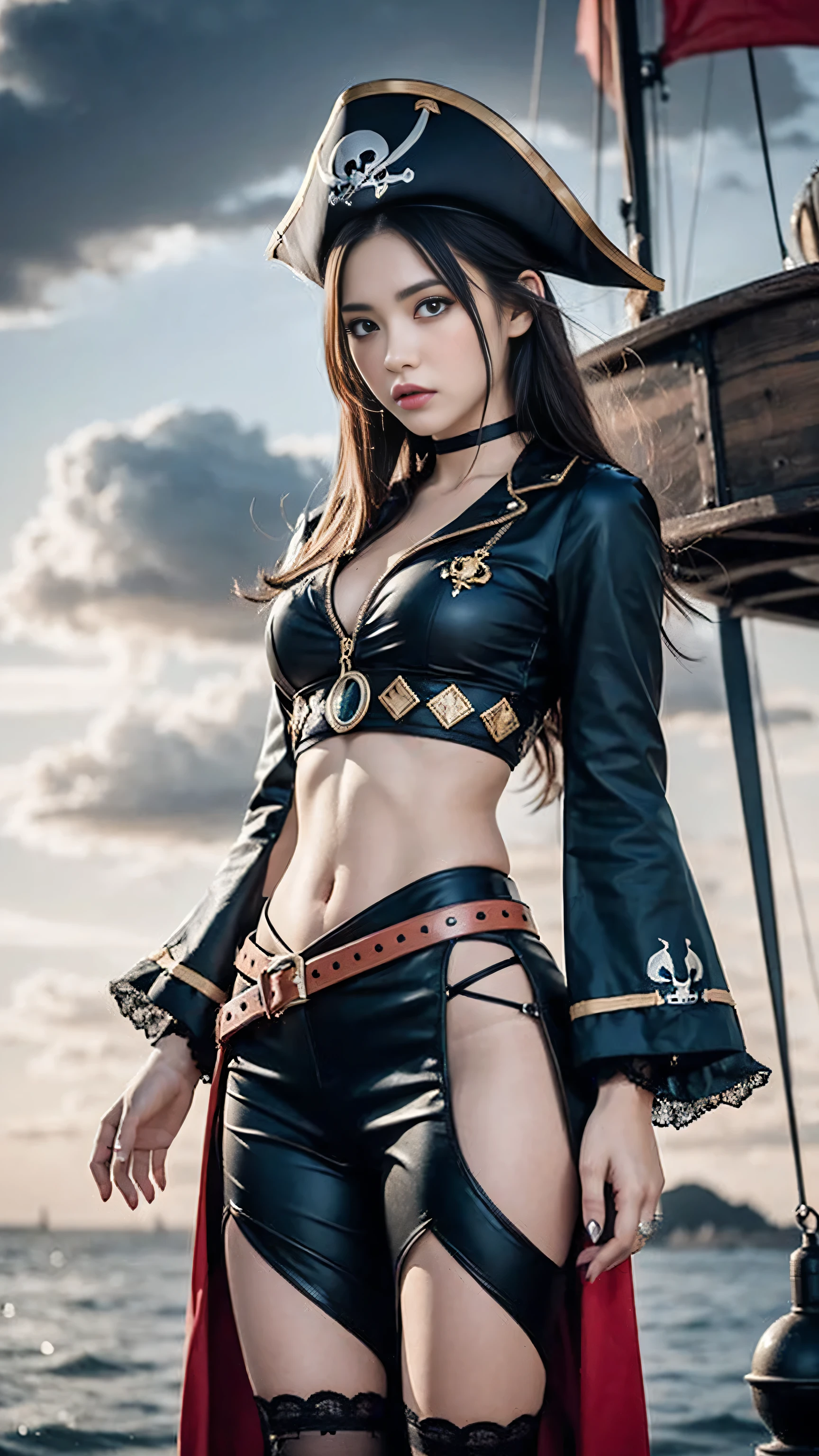 A beautiful woman wearing pirate costume , in pirate ship, black clouds in the sky, super detailed look, perfect body shape and hands, beautiful big eyes, standing, front view, cinematic lightening