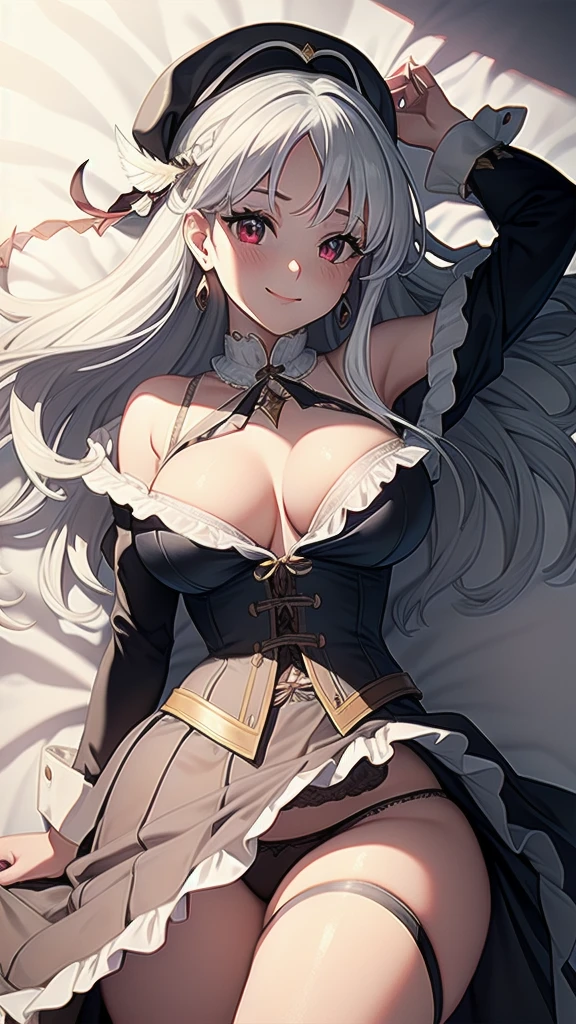 masterpiece, best quality, 1 solo girl, silver hair, red eyes, long hair, medium breasts, sexy body and face, wavy hair, smile, early 1800s modest dress with silk or cotton, bonnets, corsets with aristocrat status, shawls, white gloves, high necklines, long sleeves, and a fitted bodice with a full skirt, under tied the chin, with ribbons, open bra, open panty, pendant, bracelet, jewelry, earrings, feather hair ornament, book, lying at the bed, night, sexy pose, cowboy shots, detailed body, face, and eyes, sharp focus, vibrant, creative, dynamic, high definition, high resolution, 8k, (Upscale: R-ESRGAN 4x+ Anime6mage enchance:4x), voluptuous body, cinema lightning, dakimakura style, looking at the viewer