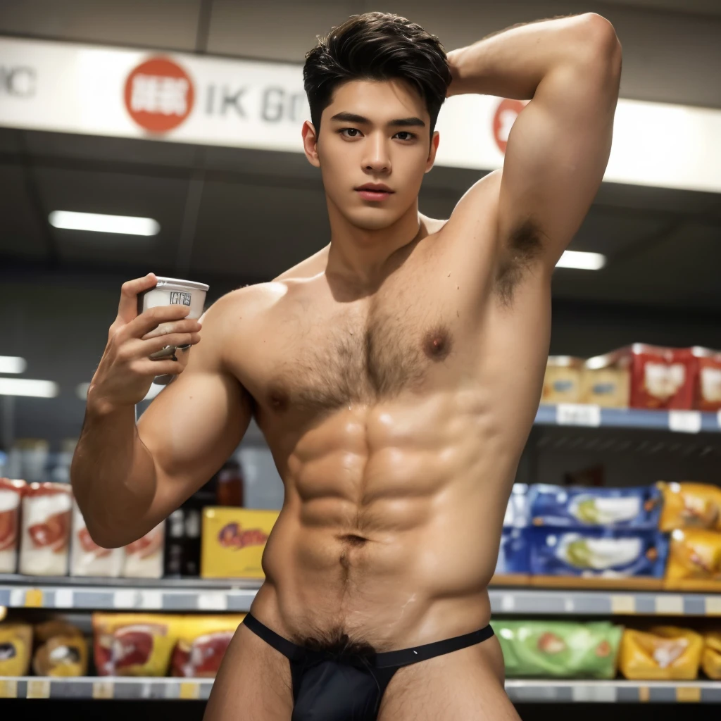 Food display In the background, supermarket, supermarket display In the background, snack display In the background, very hairy armpits, hairy pubic, hairy crotch, very bushy hairy body, In the charming picture there is a handsome Chinese boy with his big bulge, muscular body, His charm radiated as he proudly showed off his sweaty very hairy armpits in a full standing pose.. He wore a white sexy thong, that highlighted his figure, He stood in the middle of the supermarket environment., Bathed in the golden light of a beautiful day. With unparalleled attention to detail., This photorealistic portrait combines the style of National Geographic., Capture every detail of his textured skin in 8k resolution. Leica digital SLR camera. His features were clearly visible., From the deep-set eyes to the chiselled jawline., Make this image a true masterpiece..Lift. (8K UHD、RAW Photography、Photorealistic Portrait Leica Digital SLR、Lifelike images), big bulge in his very thin thong